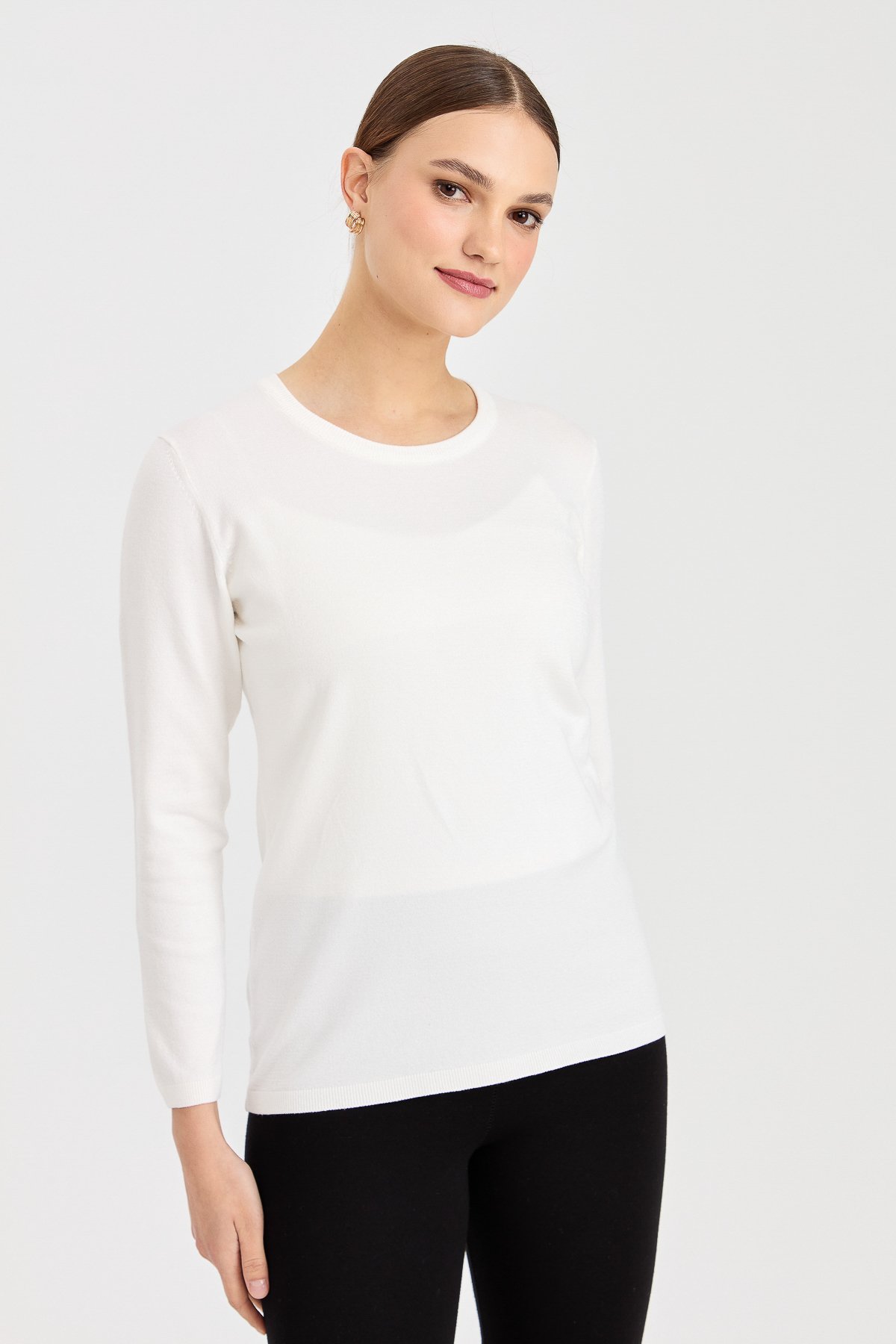 20015Kadın Likralı Uzun Kol Basic Sıfır Yaka Bluz Kemik