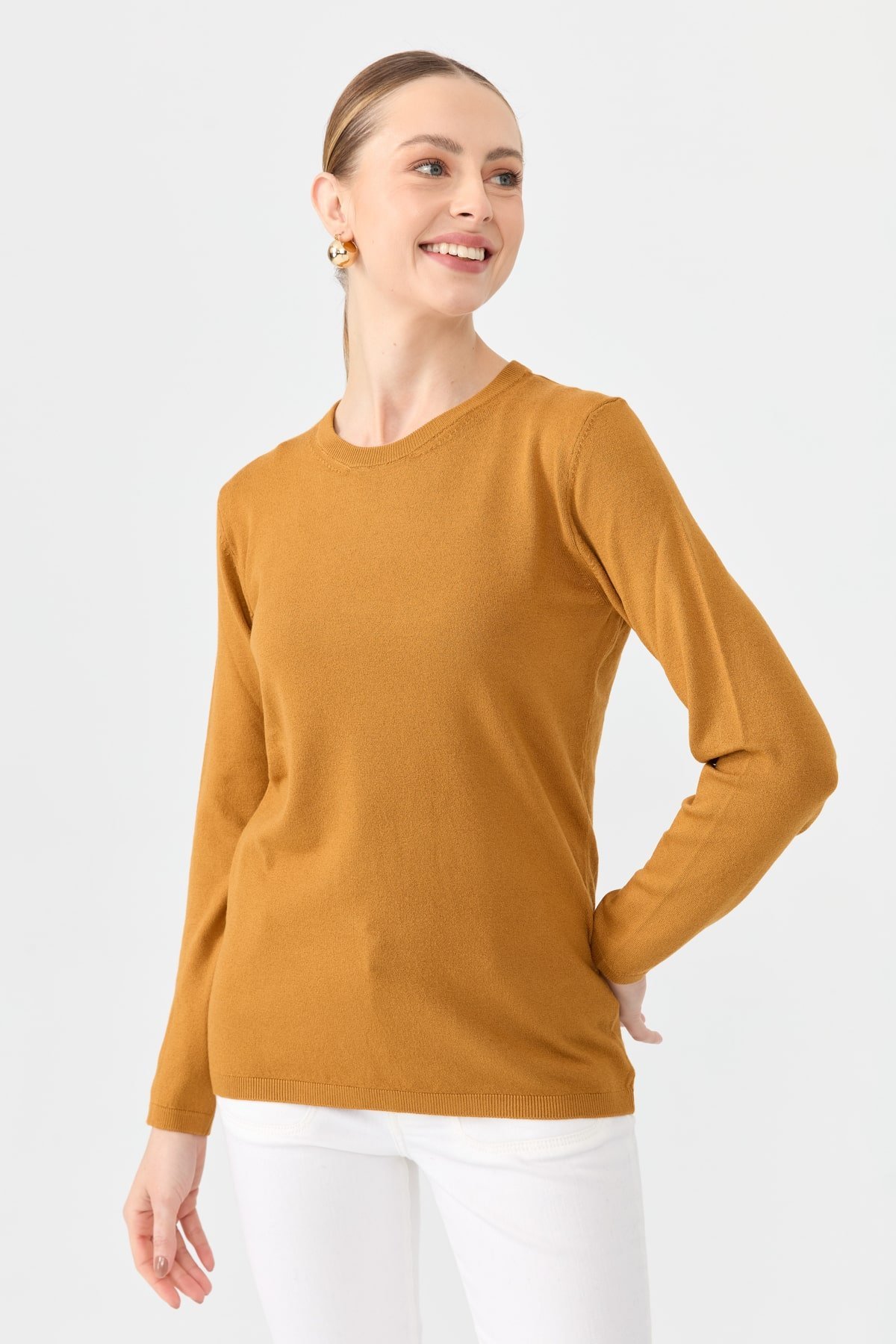 20015Kadın Likralı Uzun Kol Basic Sıfır Yaka Bluz Hardal