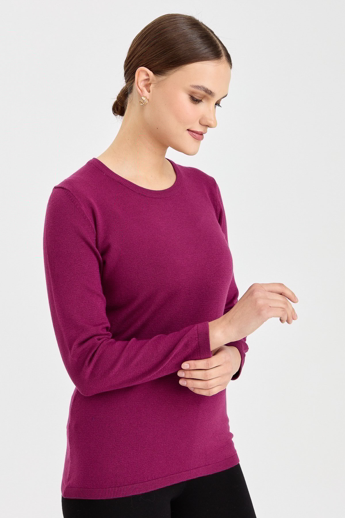 20015Kadın Likralı Uzun Kol Basic Sıfır Yaka Bluz Mürdüm