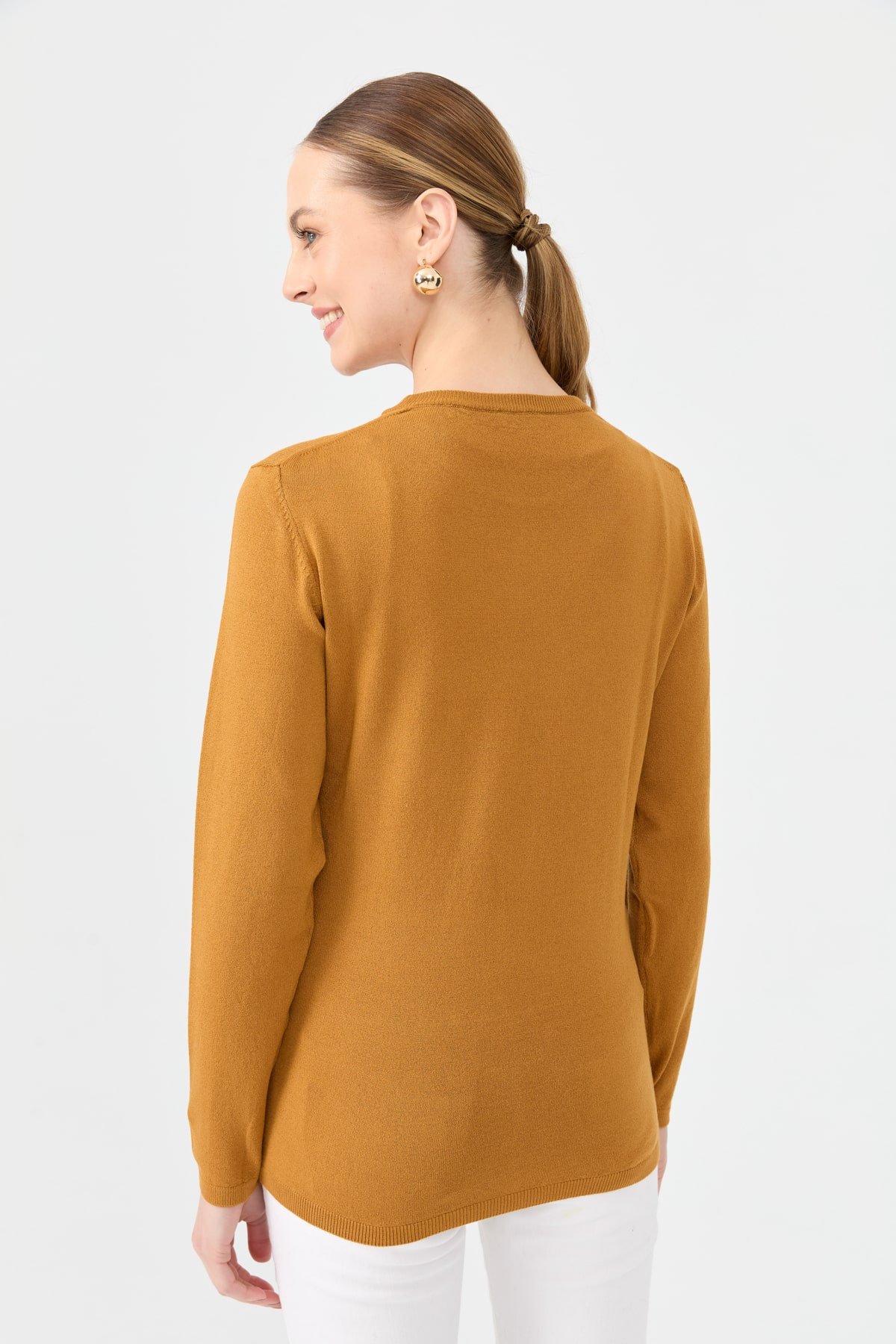 20015Kadın Likralı Uzun Kol Basic Sıfır Yaka Bluz Hardal