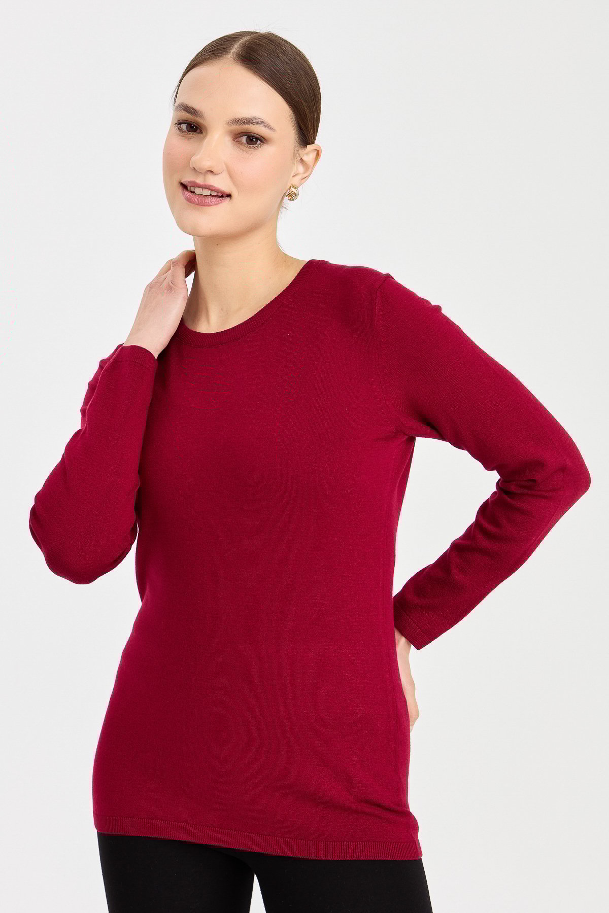 20015Kadın Likralı Uzun Kol Basic Sıfır Yaka Bluz Vişne