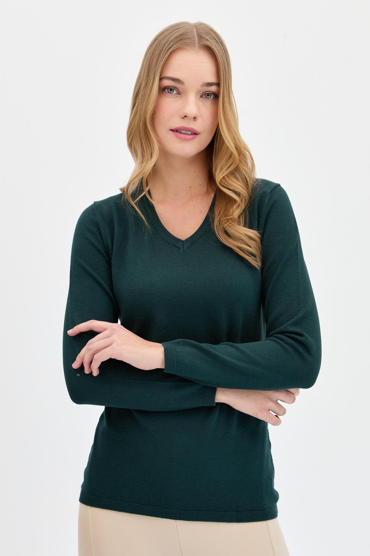 20014Kadın Likralı Uzun Kol Basic V Yaka Bluz Nefti