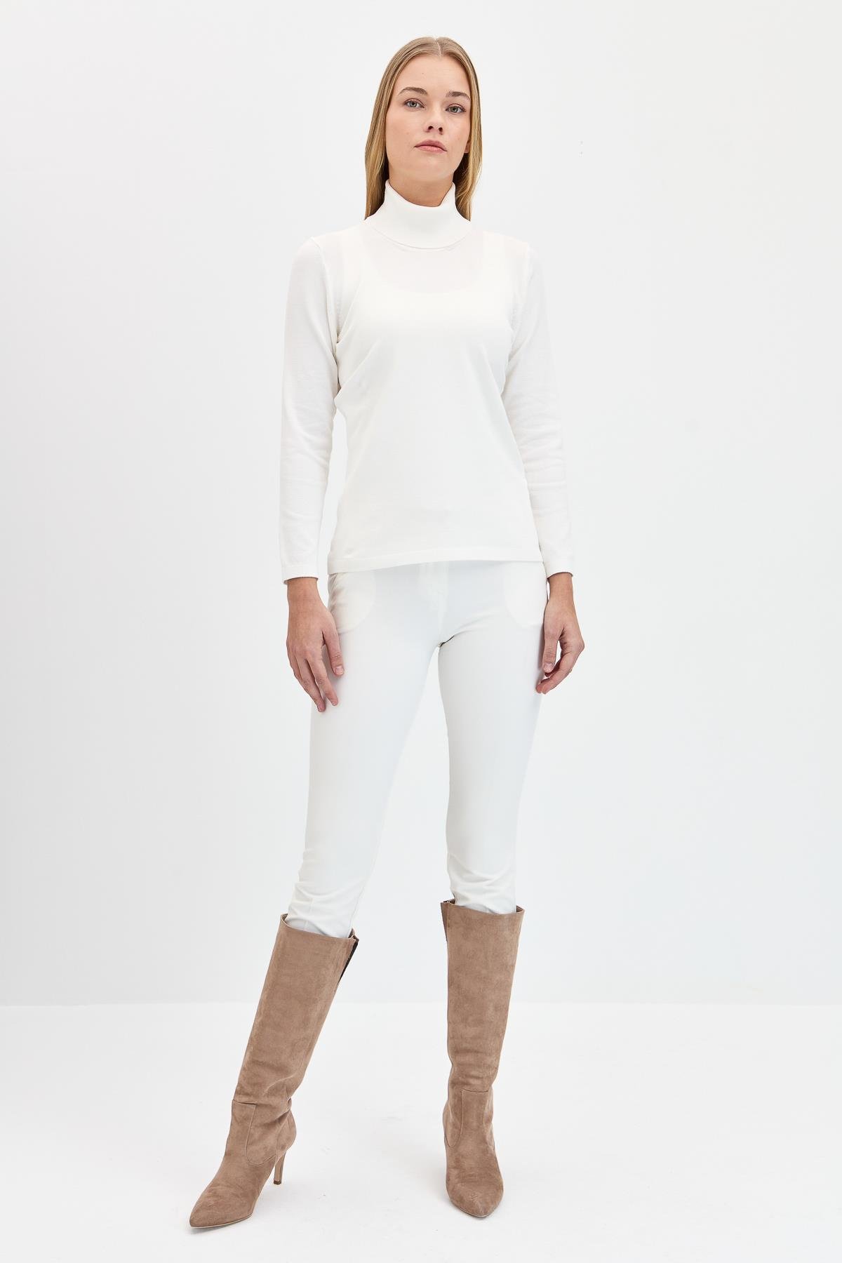 20017Kadın Likralı Uzun Kollu Basic Tam Balıkçı Bluz Kemik