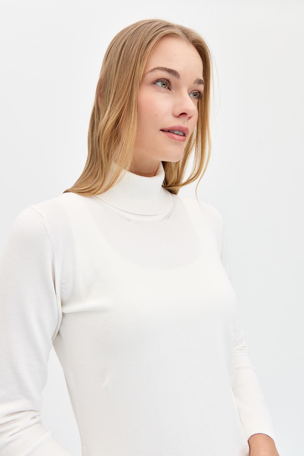 20017Kadın Likralı Uzun Kollu Basic Tam Balıkçı Bluz Kemik