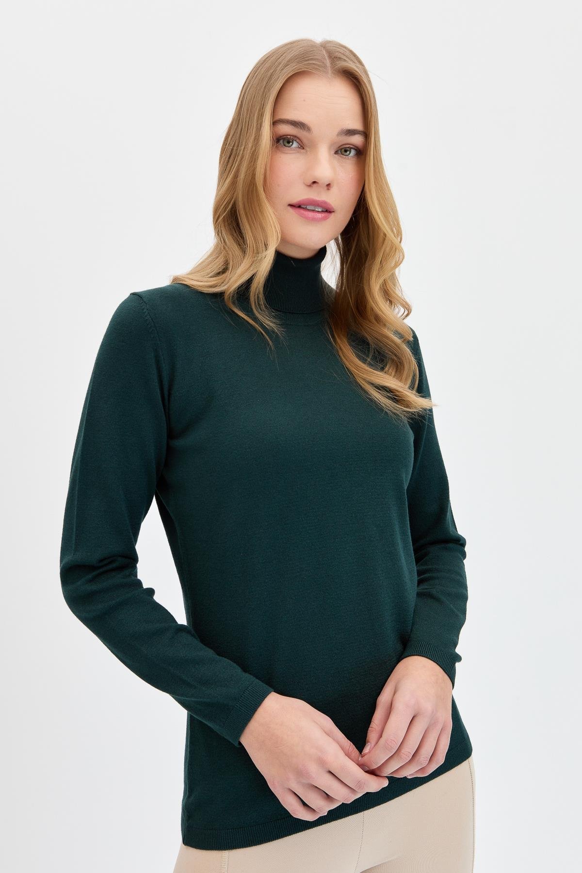 20017Kadın Likralı Uzun Kollu Basic Tam Balıkçı Bluz Nefti