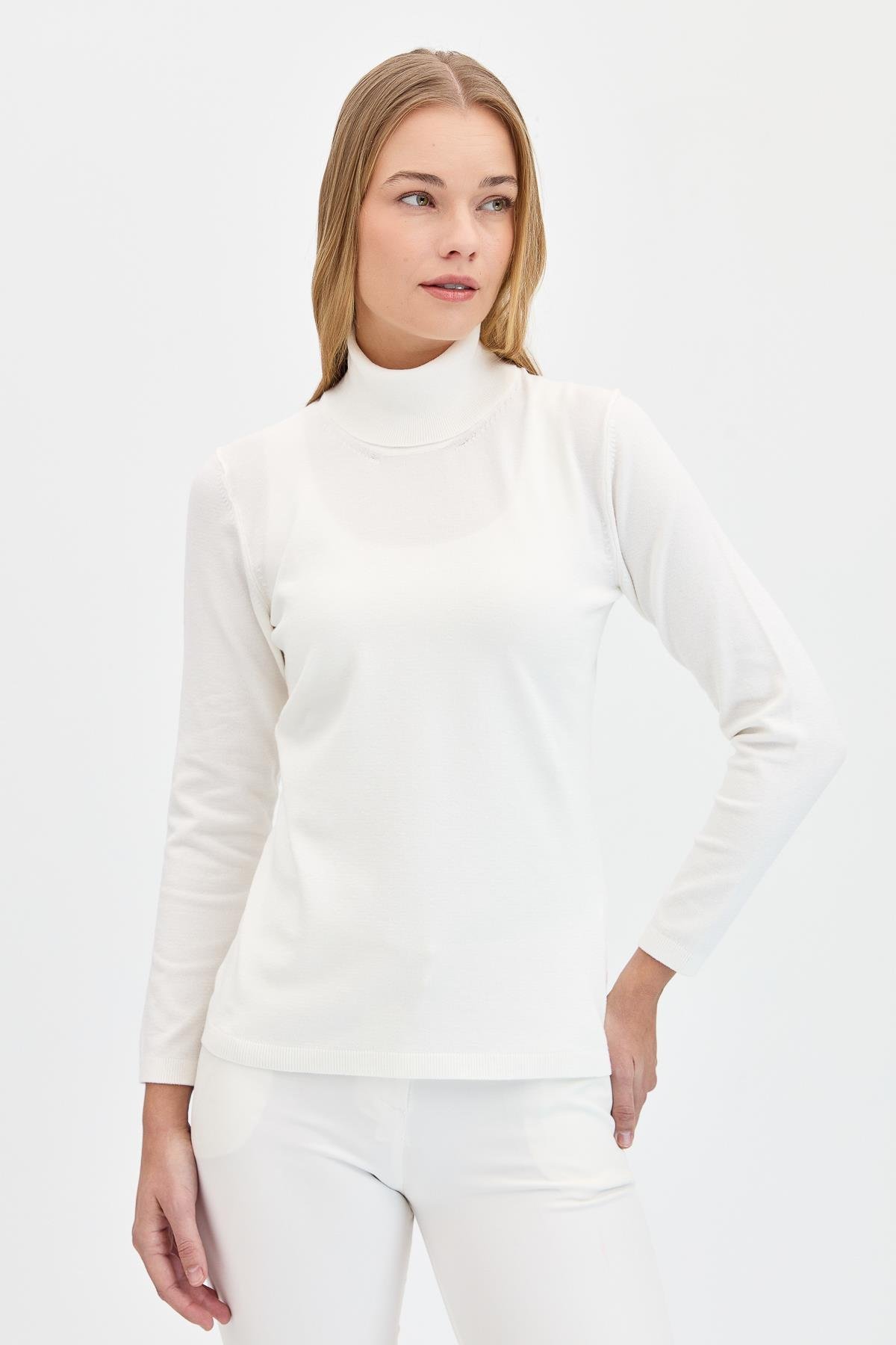 20017Kadın Likralı Uzun Kollu Basic Tam Balıkçı Bluz Kemik