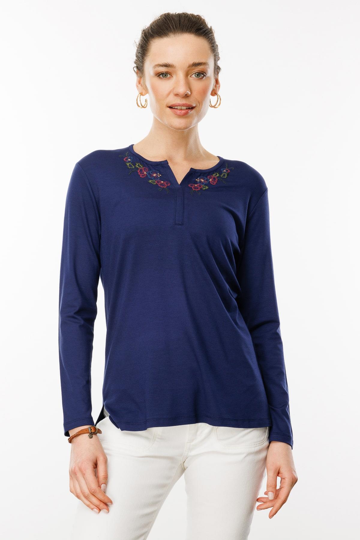 25702Kadın Nakış İşlemeli Uzun Kollu Penye Bluz Lacivert
