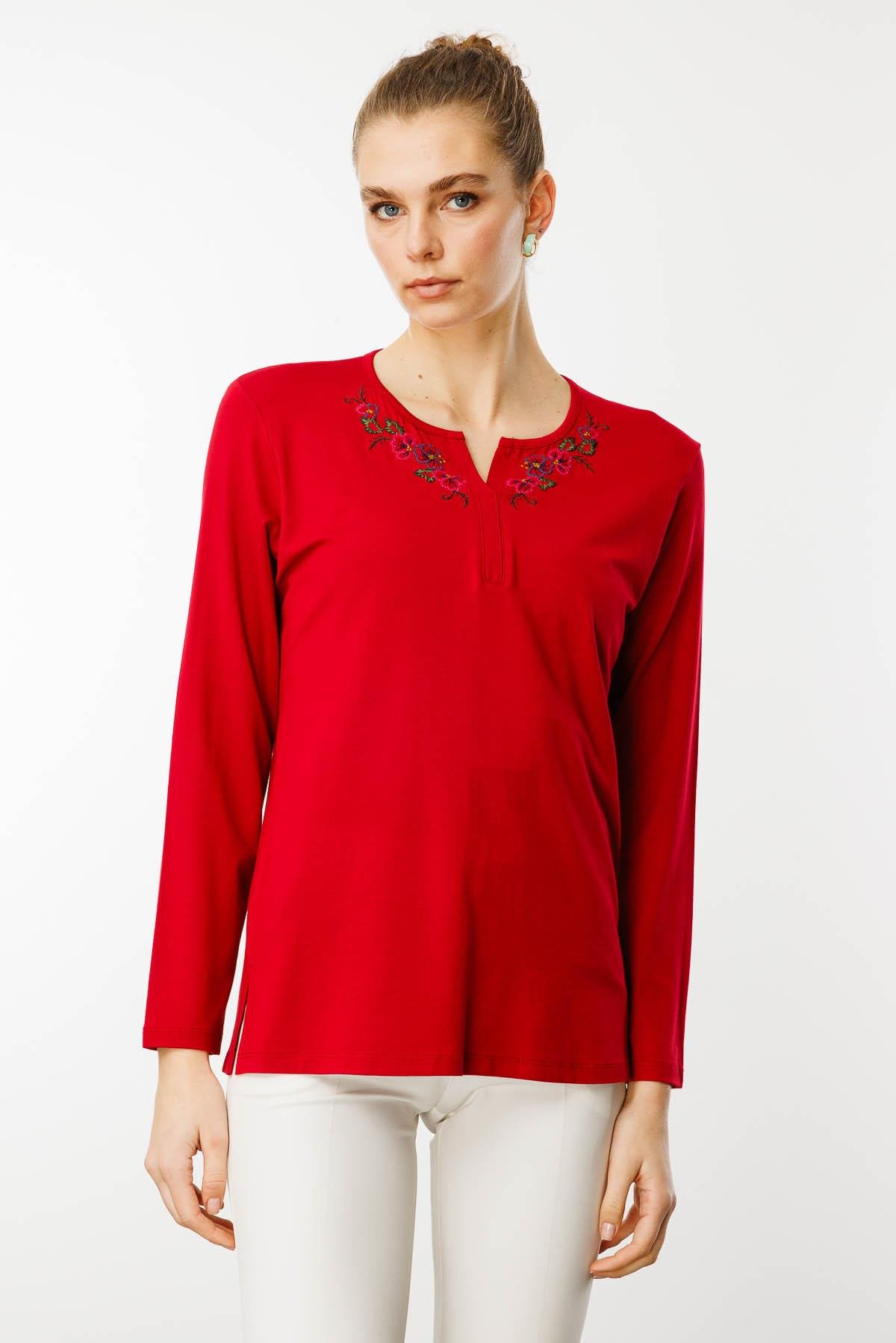 25702Kadın Nakış İşlemeli Uzun Kollu Penye Bluz Kırmızı