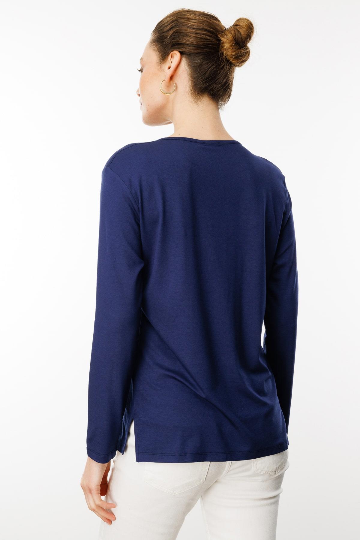 25702Kadın Nakış İşlemeli Uzun Kollu Penye Bluz Lacivert