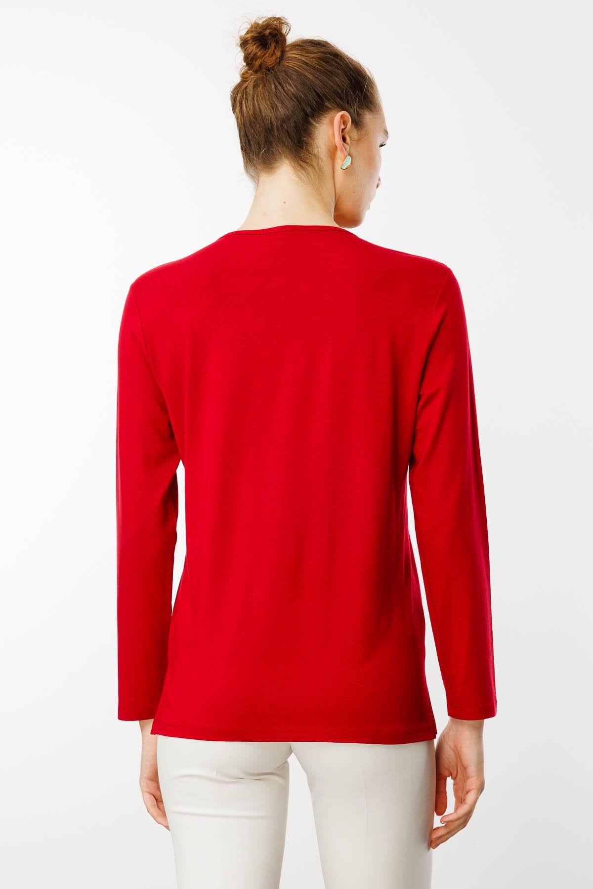 25702Kadın Nakış İşlemeli Uzun Kollu Penye Bluz Kırmızı