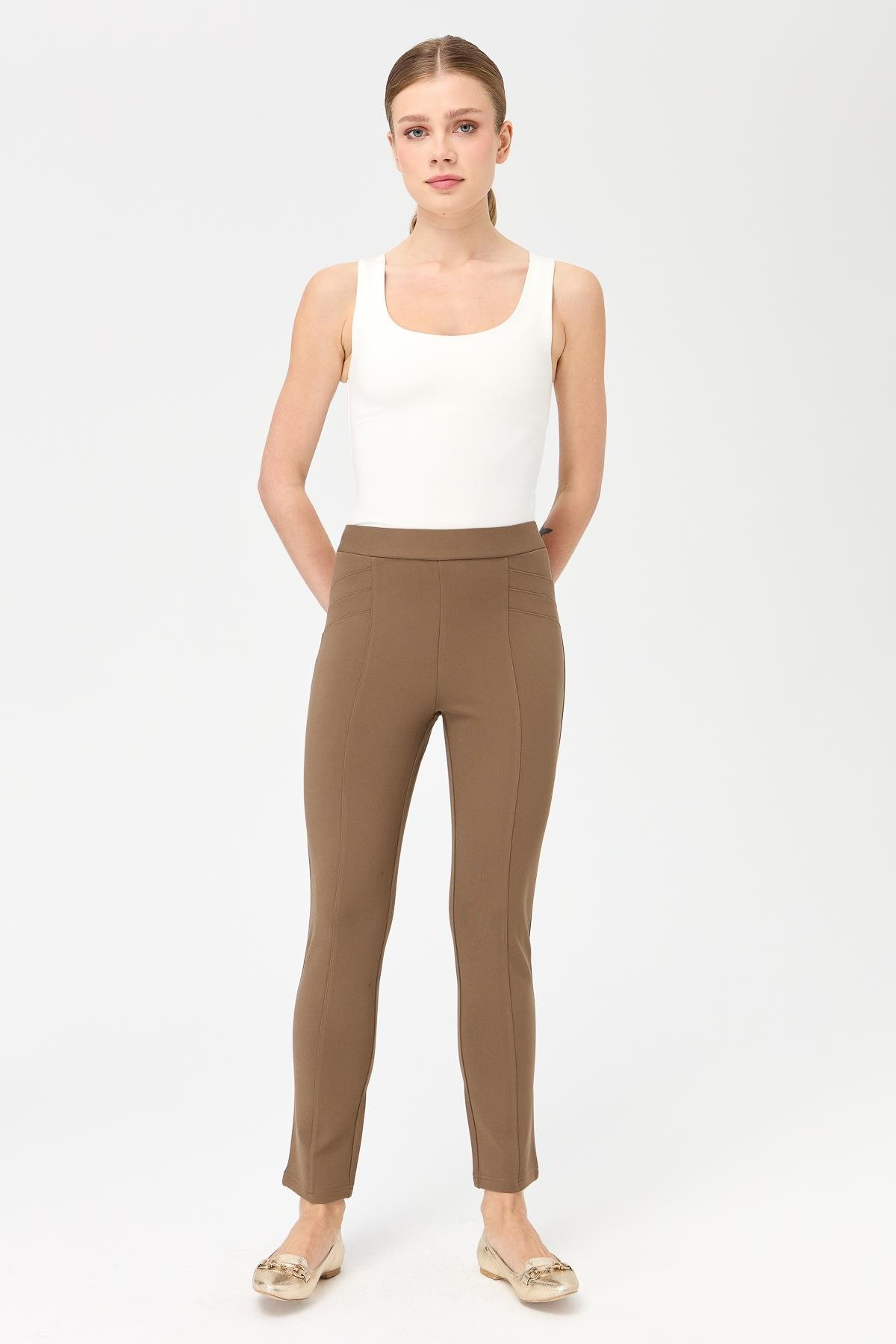 KMKPT001Kadın Nervürlü Tayt Pantolon Camel