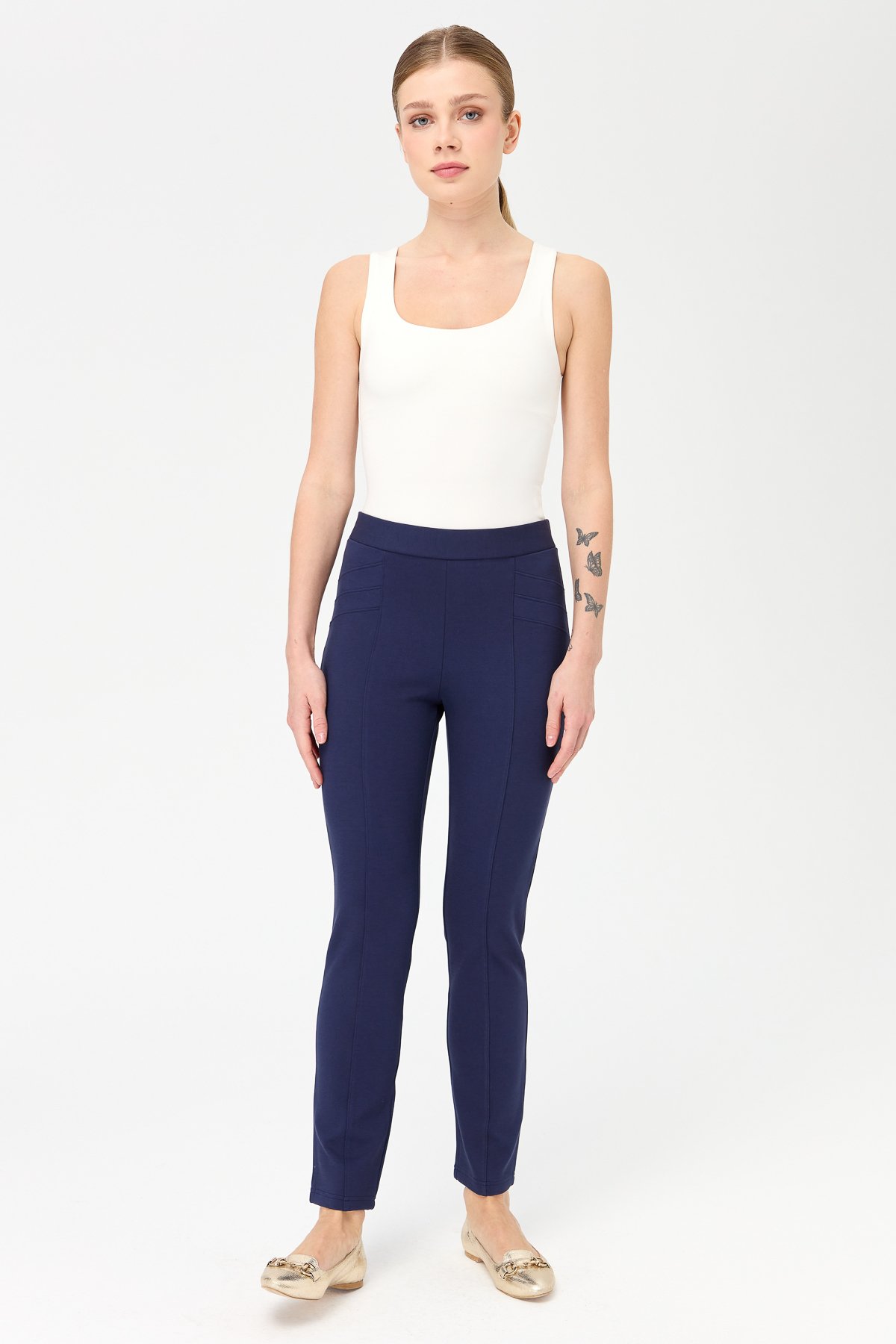 KMKPT001Kadın Nervürlü Tayt Pantolon Lacivert