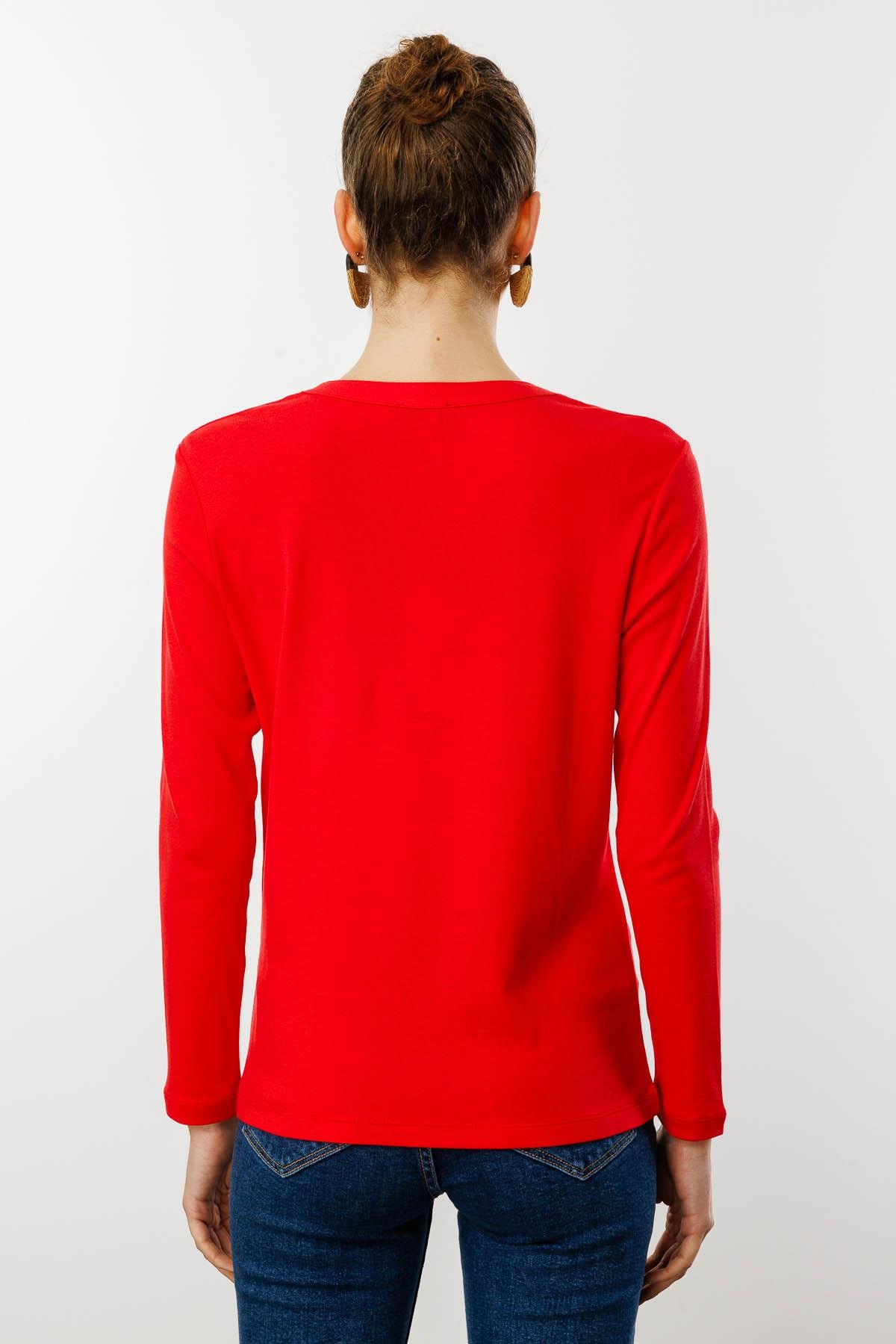 KMY24012Kadın Omzu ve Yakası İğne İşli Pamuklu Bluz Kırmızı