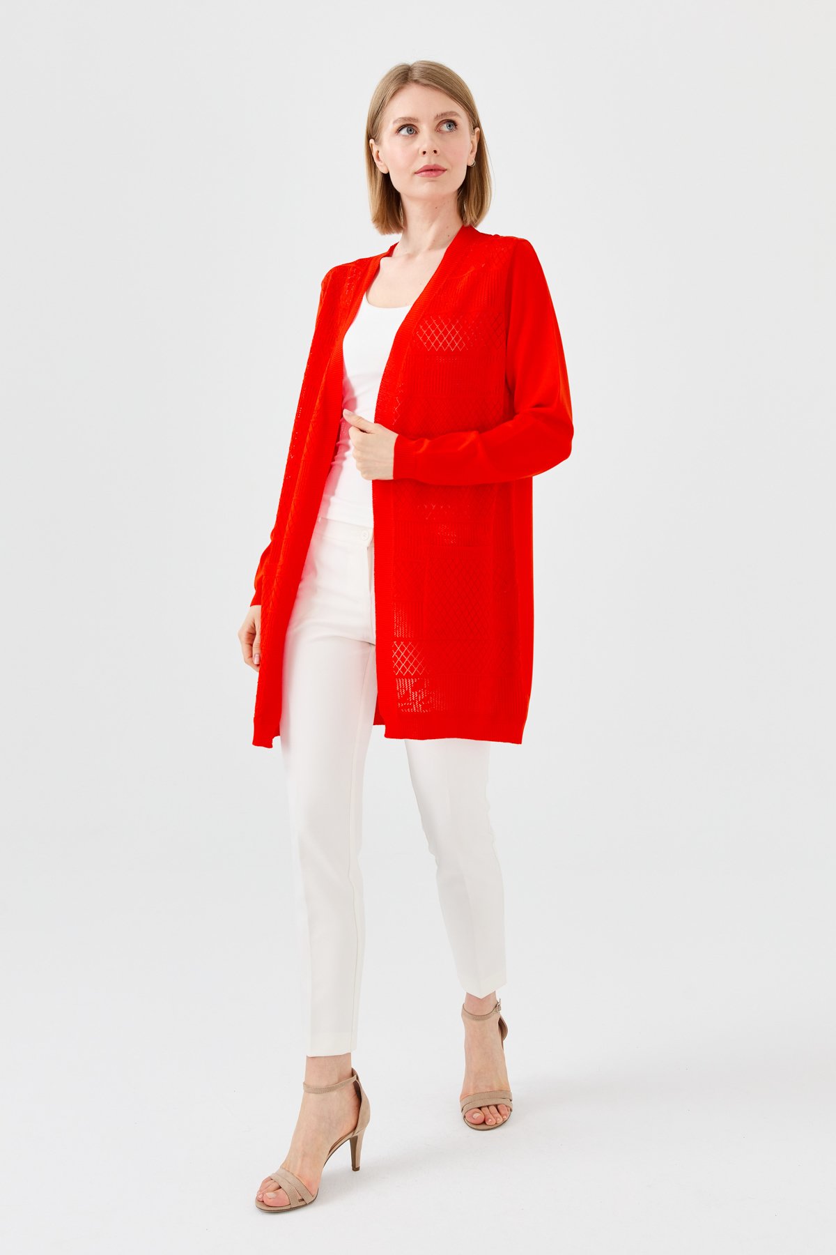 23351Kadın Önü Ajurlu Uzun Yazlık Hırka Kırmızı