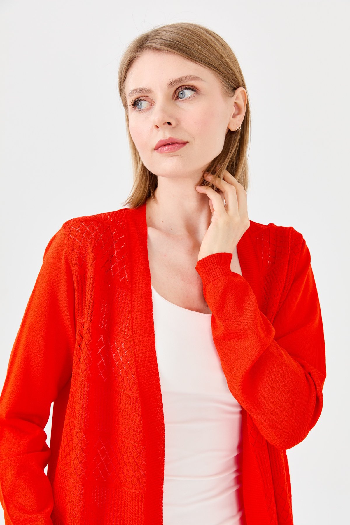 23351Kadın Önü Ajurlu Uzun Yazlık Hırka Kırmızı