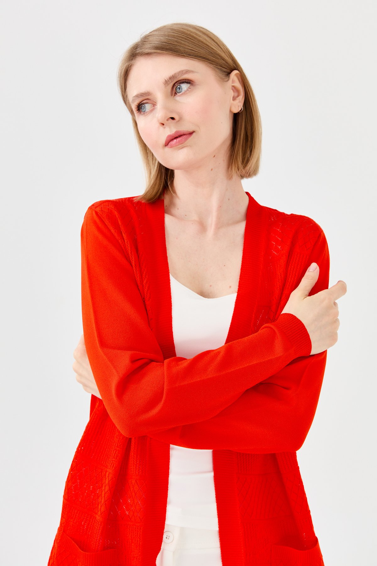 23351Kadın Önü Ajurlu Uzun Yazlık Hırka Kırmızı