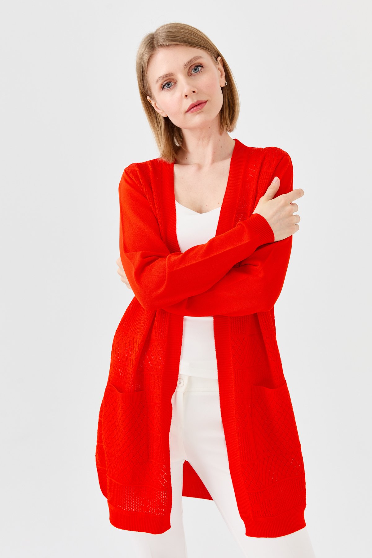 23351Kadın Önü Ajurlu Uzun Yazlık Hırka Kırmızı