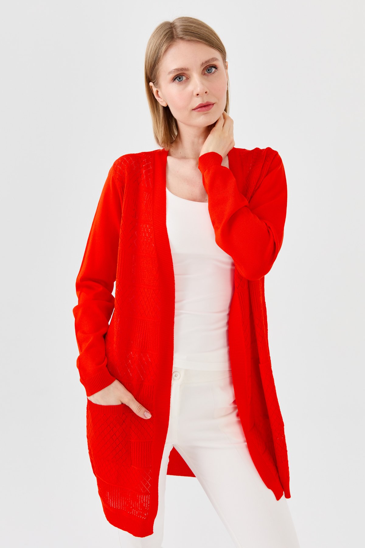 23351Kadın Önü Ajurlu Uzun Yazlık Hırka Kırmızı