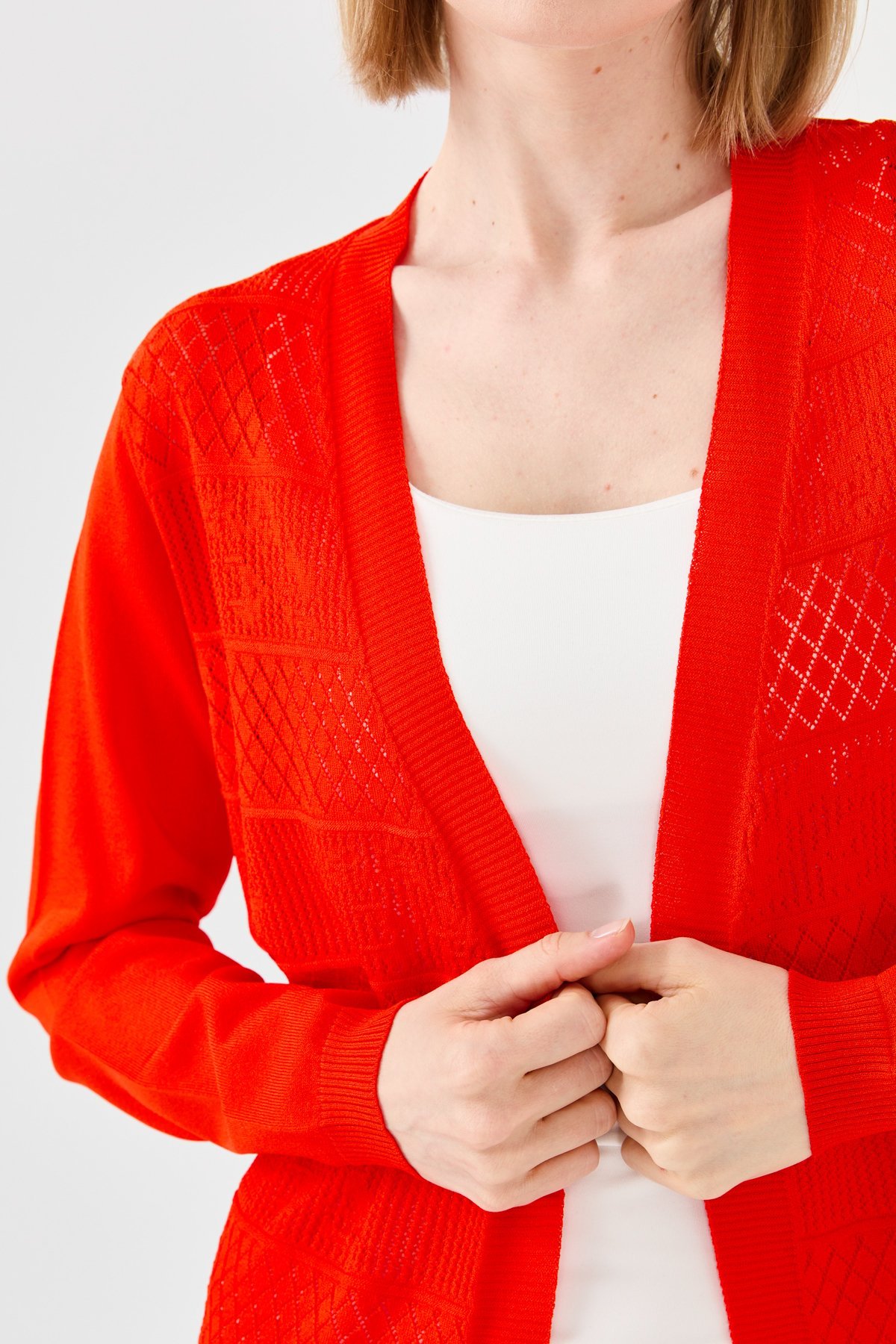 23351Kadın Önü Ajurlu Uzun Yazlık Hırka Kırmızı