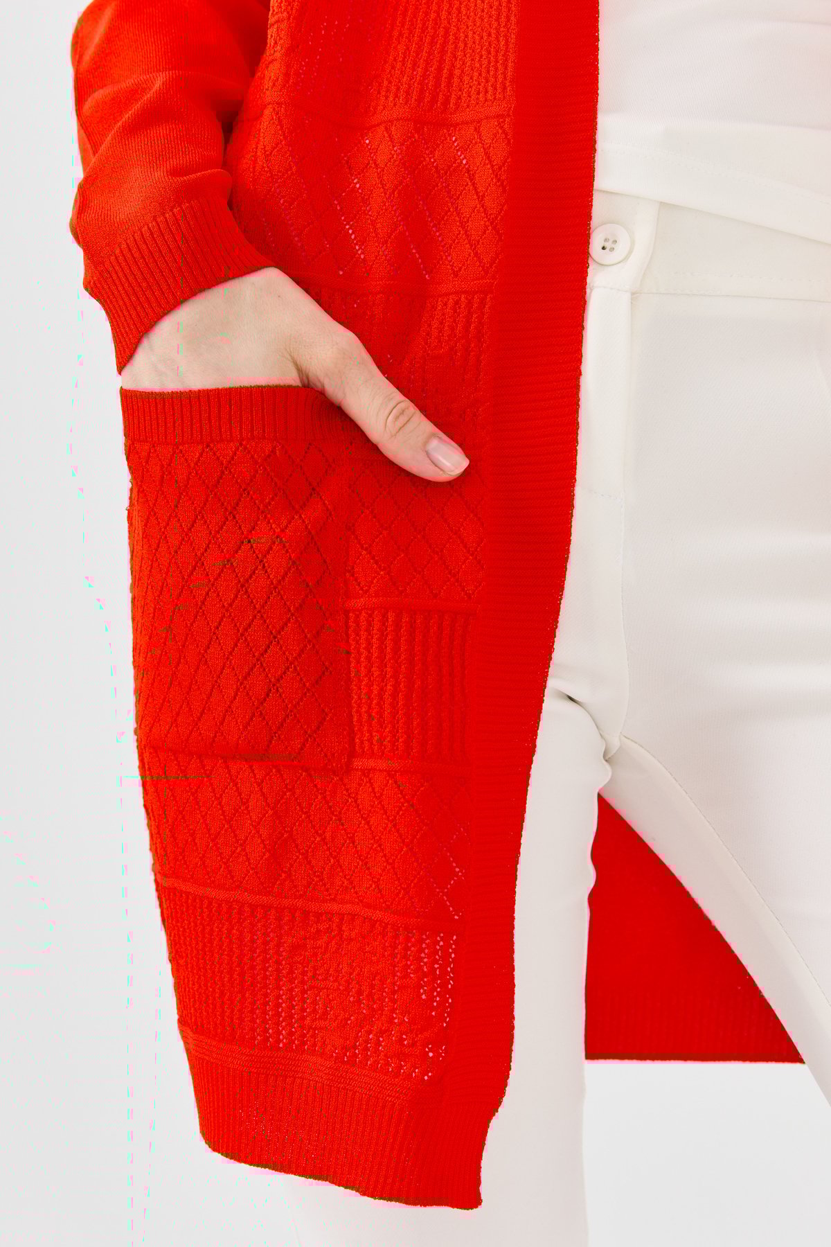 23351Kadın Önü Ajurlu Uzun Yazlık Hırka Kırmızı