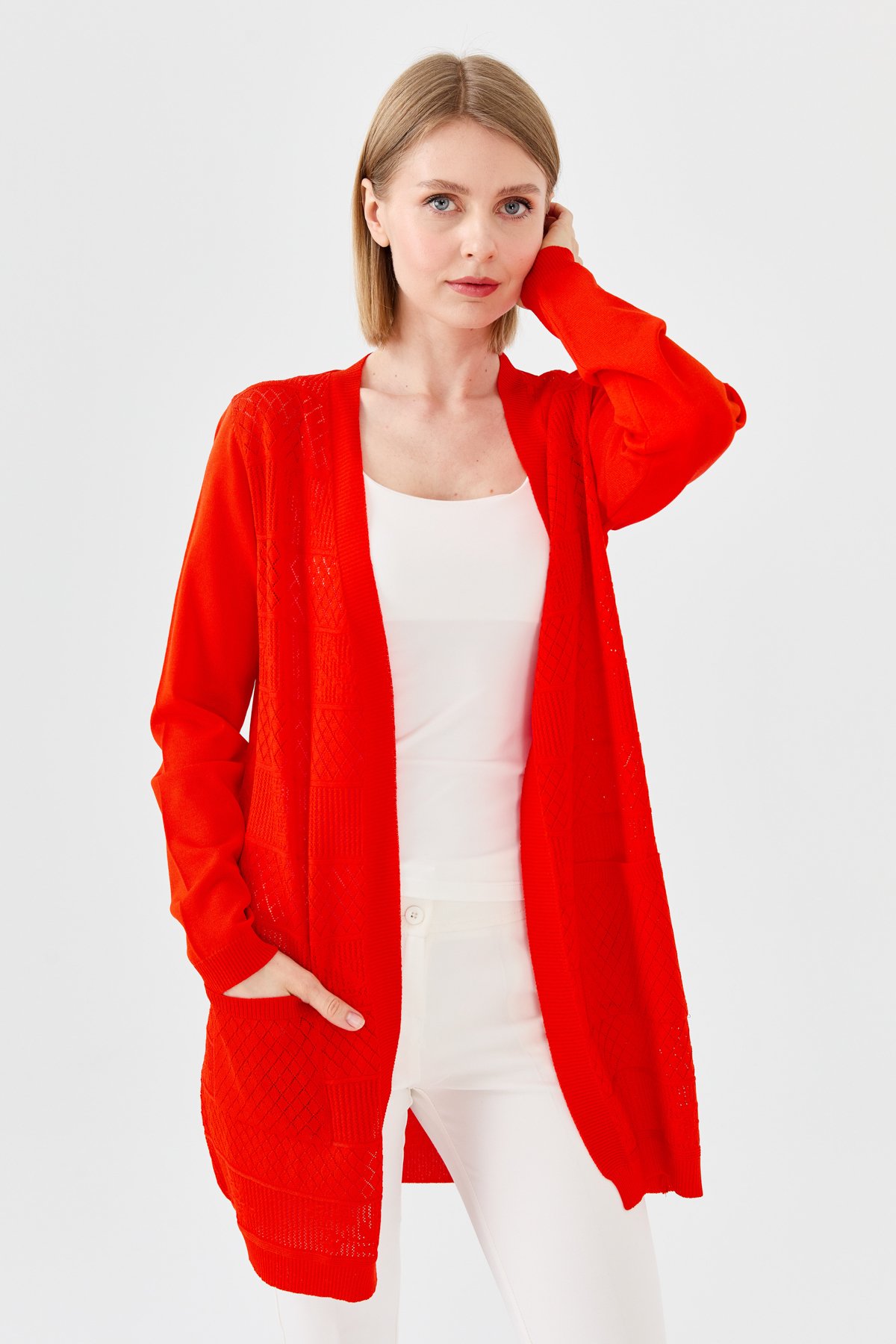 23351Kadın Önü Ajurlu Uzun Yazlık Hırka Kırmızı