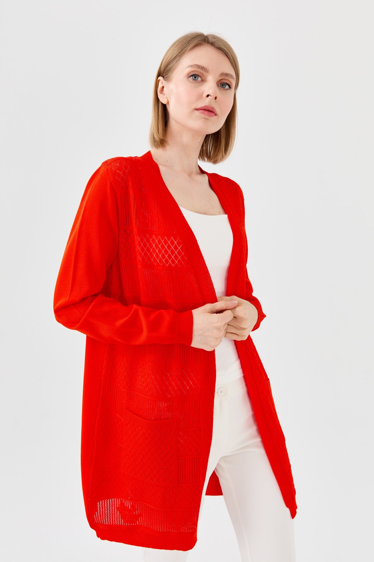 23351Kadın Önü Ajurlu Uzun Yazlık Hırka Kırmızı