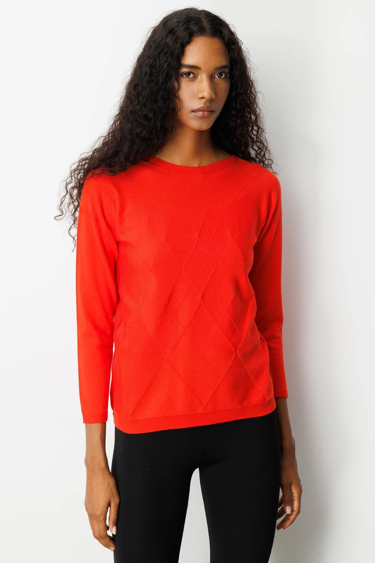 25254Kadın Önü Baklavalı Yan Örgü Kazak Mercan