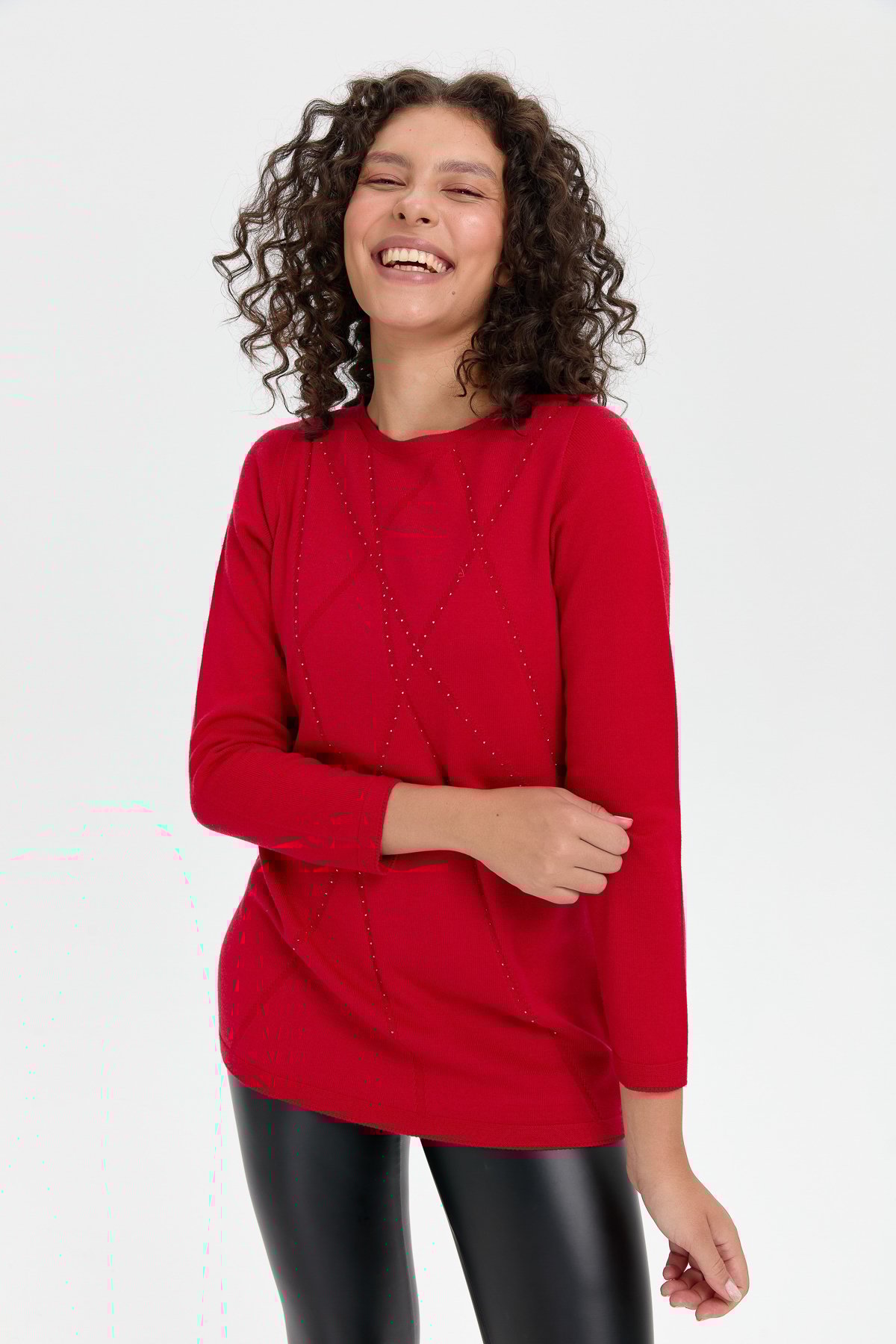 24190Kadın Önü Çapraz Desenli Taşlı Dikişsiz Kazak K.Kırmızı