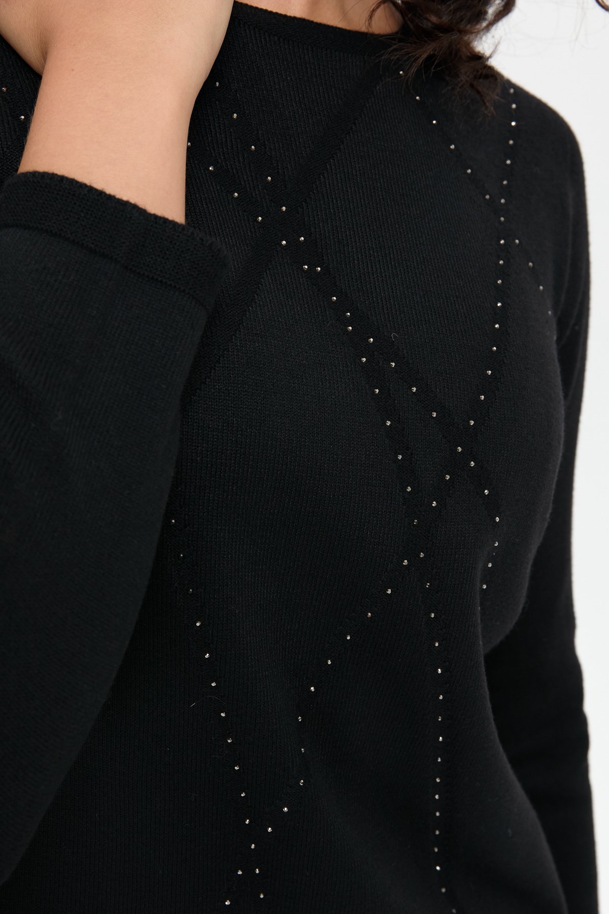 24190Kadın Önü Çapraz Desenli Taşlı Dikişsiz Kazak Siyah