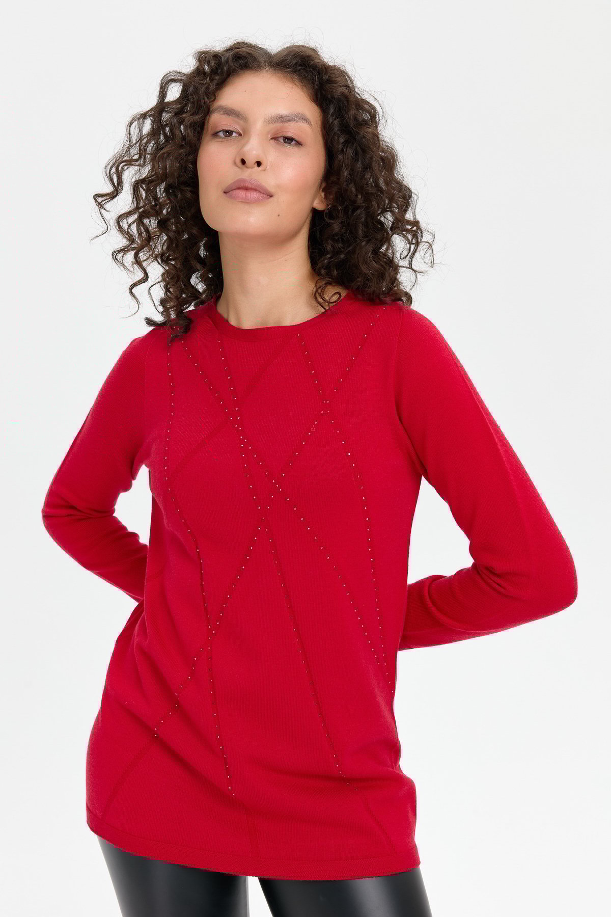 24190Kadın Önü Çapraz Desenli Taşlı Dikişsiz Kazak K.Kırmızı