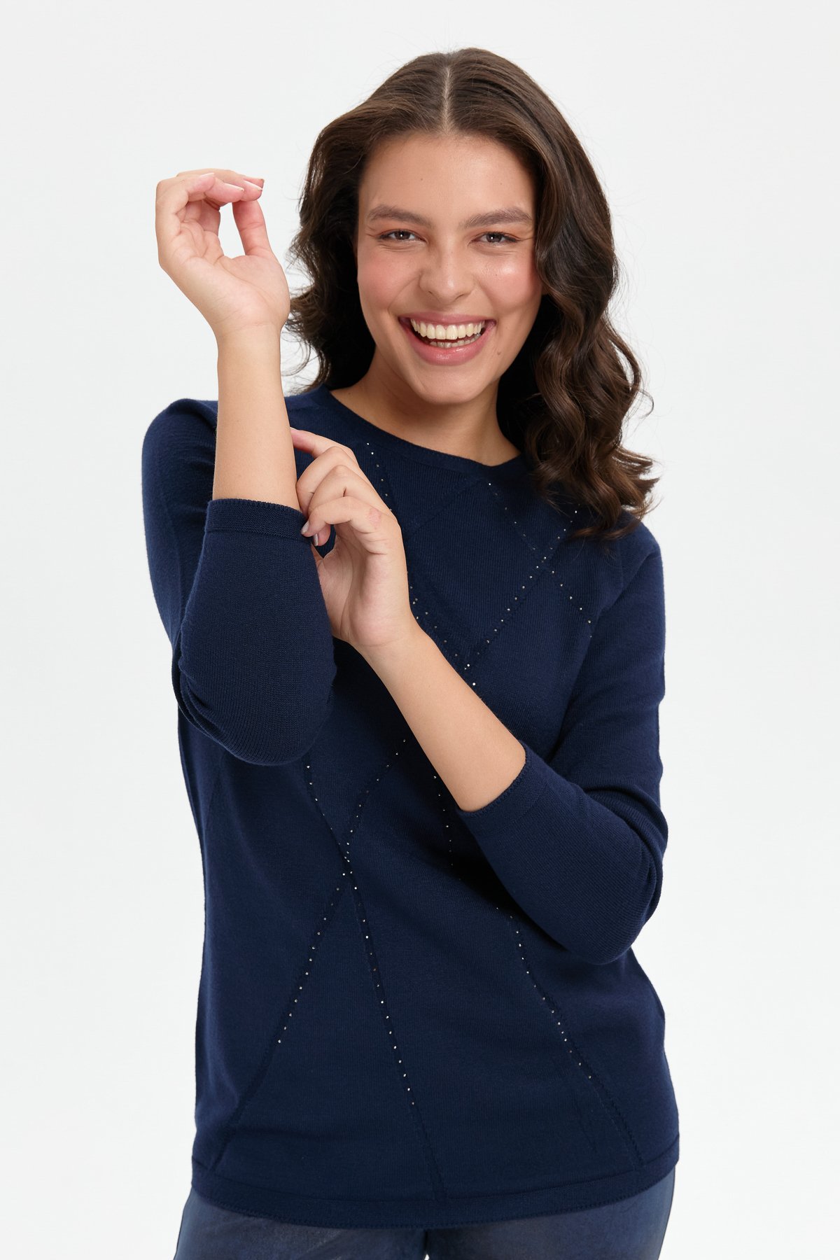 24190Kadın Önü Çapraz Desenli Taşlı Dikişsiz Kazak K.Lacivert