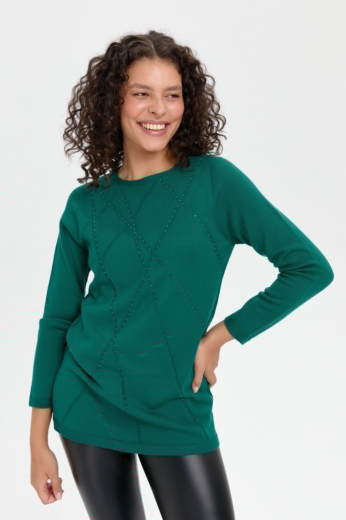 24190Kadın Önü Çapraz Desenli Taşlı Dikişsiz Kazak Ö.Başı