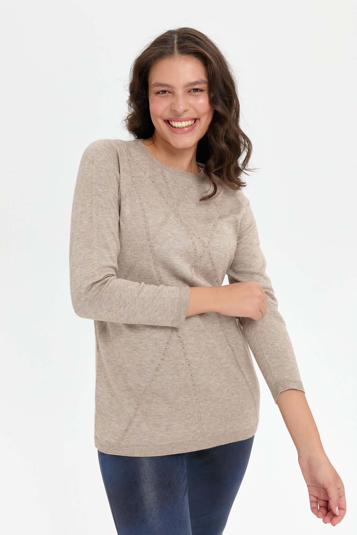 24190Kadın Önü Çapraz Desenli Taşlı Dikişsiz Kazak Vizon