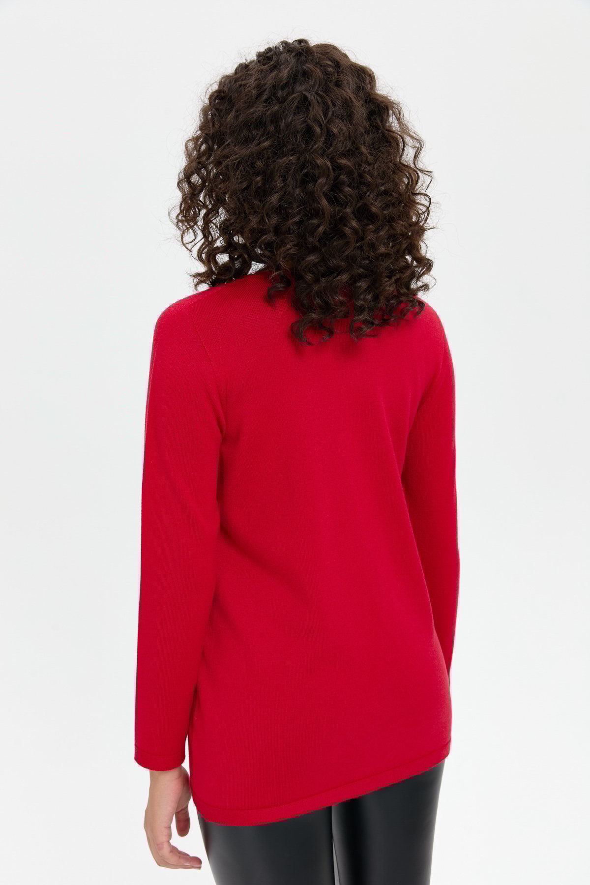 24190Kadın Önü Çapraz Desenli Taşlı Dikişsiz Kazak K.Kırmızı