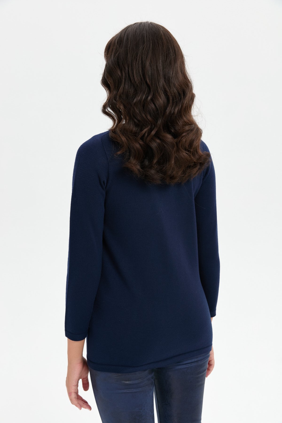 24190Kadın Önü Çapraz Desenli Taşlı Dikişsiz Kazak K.Lacivert