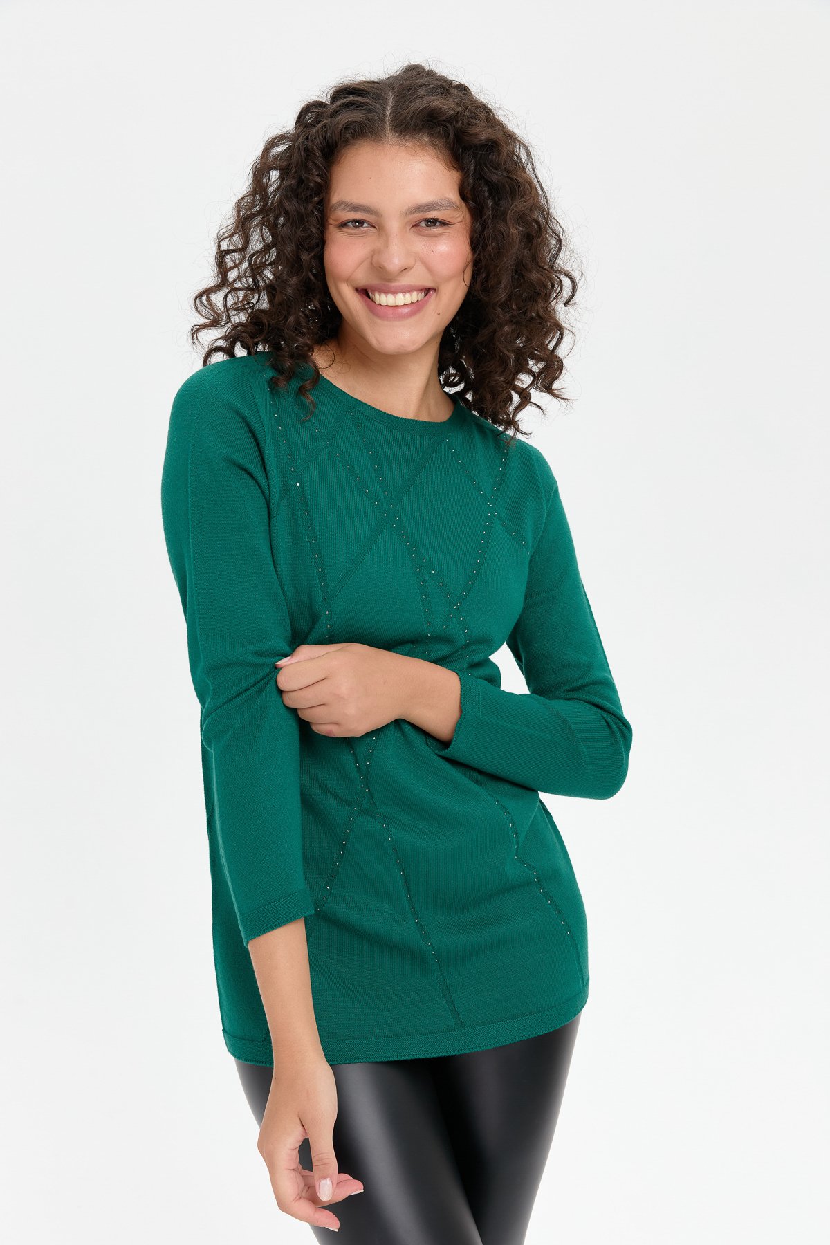 24190Kadın Önü Çapraz Desenli Taşlı Dikişsiz Kazak Ö.Başı