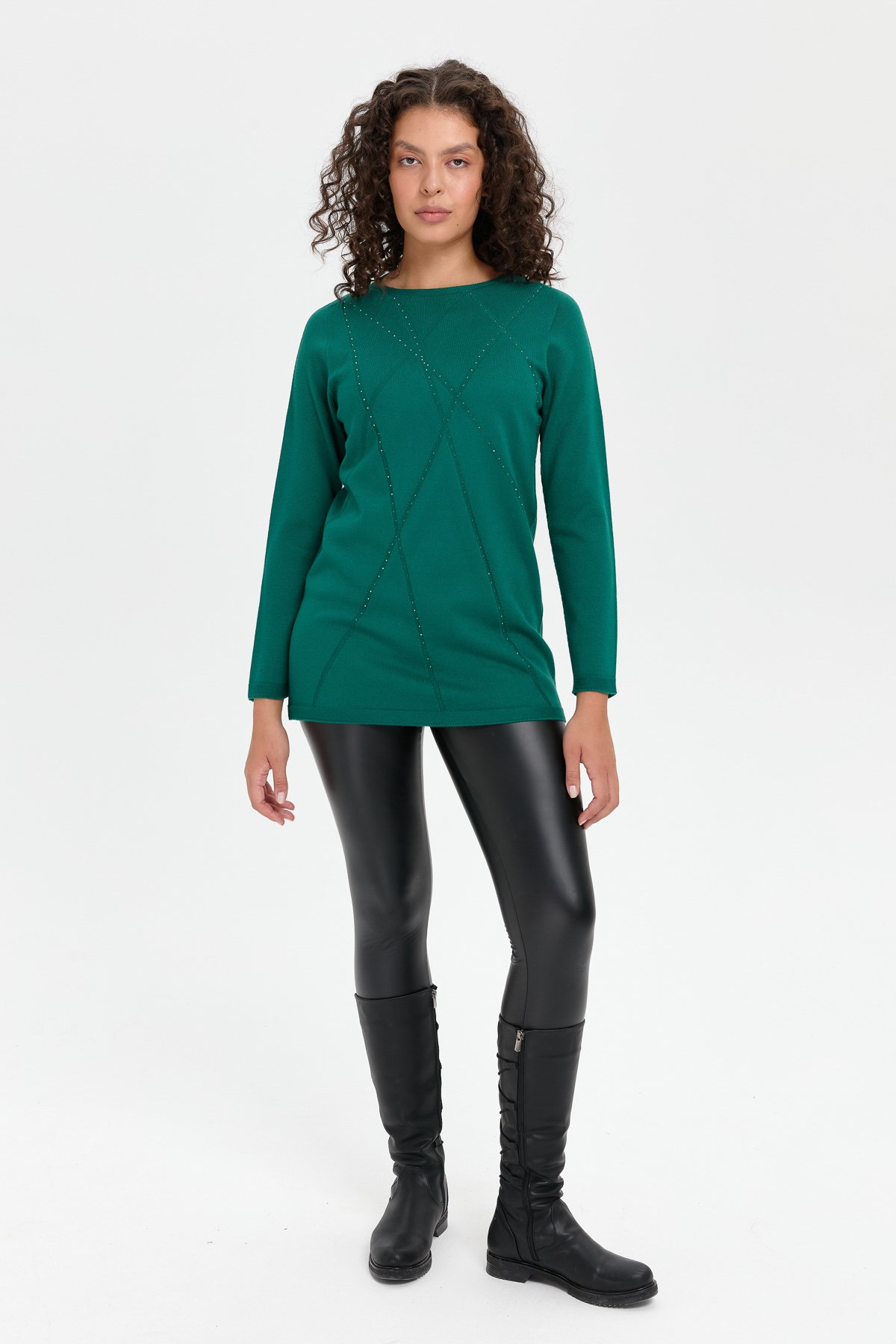 24190Kadın Önü Çapraz Desenli Taşlı Dikişsiz Kazak Ö.Başı