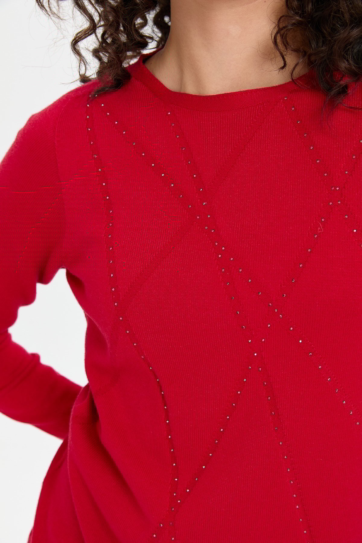 24190Kadın Önü Çapraz Desenli Taşlı Dikişsiz Kazak K.Kırmızı