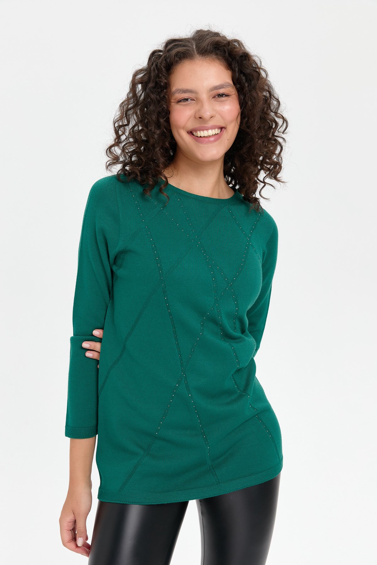 24190Kadın Önü Çapraz Desenli Taşlı Dikişsiz Kazak Ö.Başı