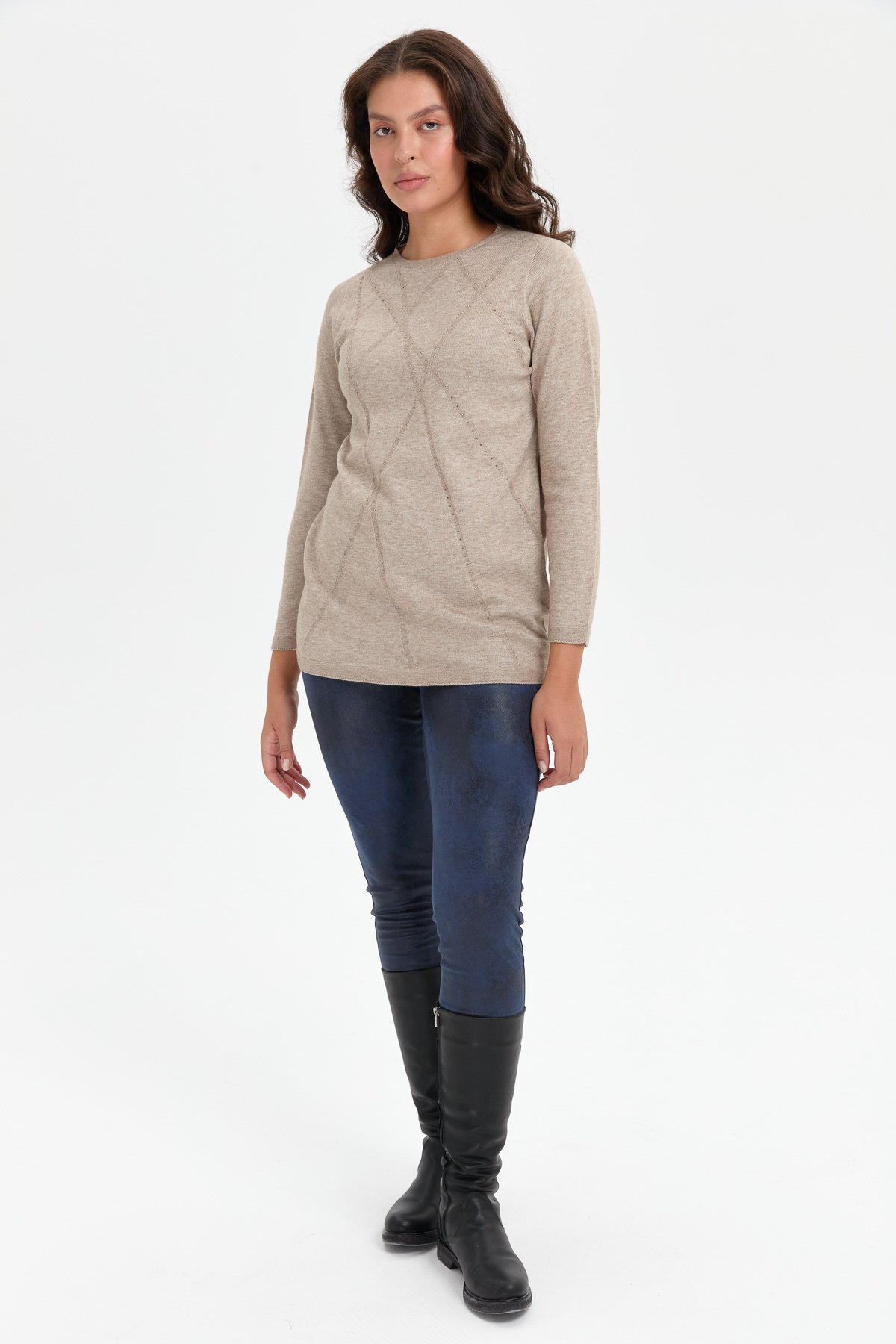 24190Kadın Önü Çapraz Desenli Taşlı Dikişsiz Kazak Vizon