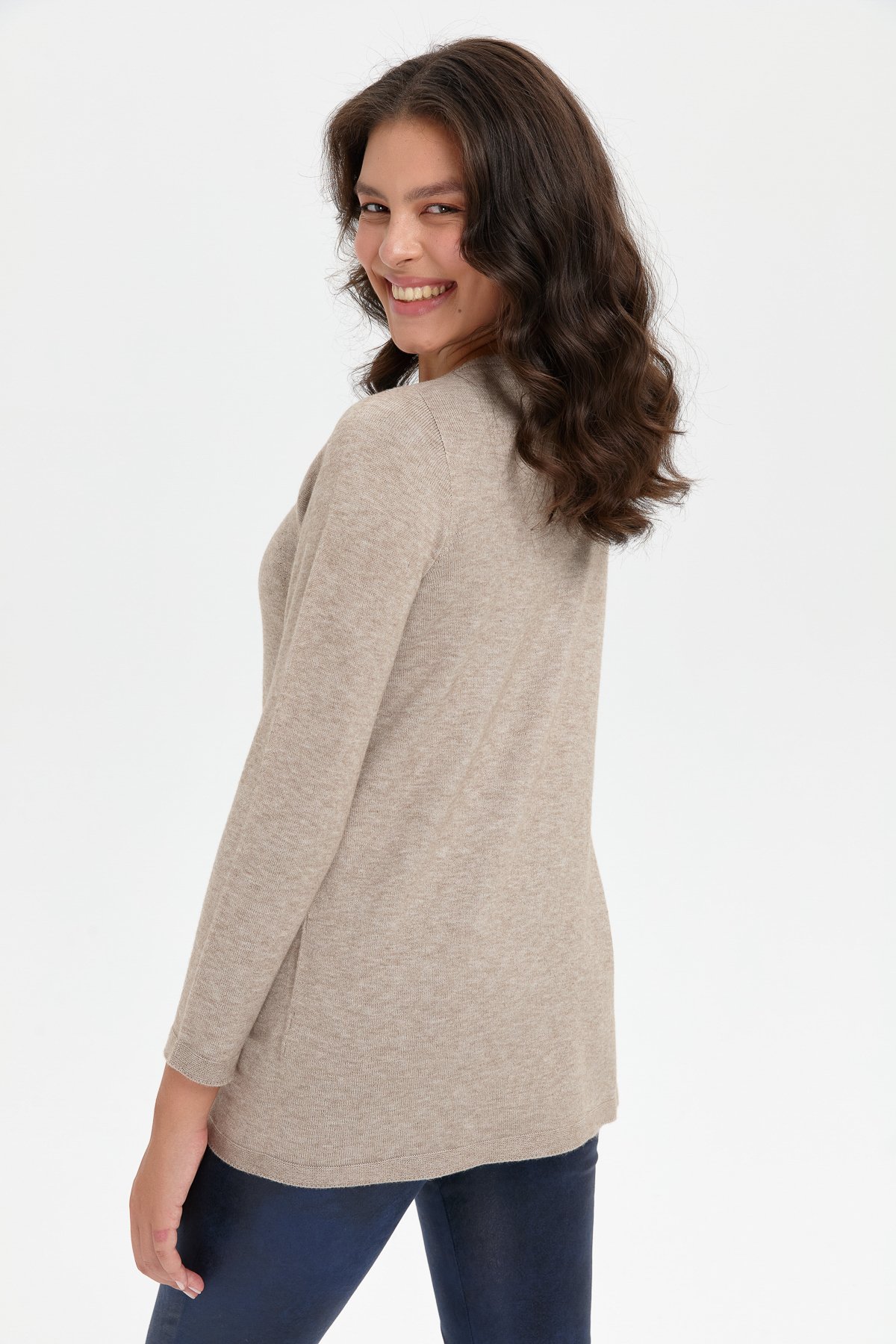 24190Kadın Önü Çapraz Desenli Taşlı Dikişsiz Kazak Vizon