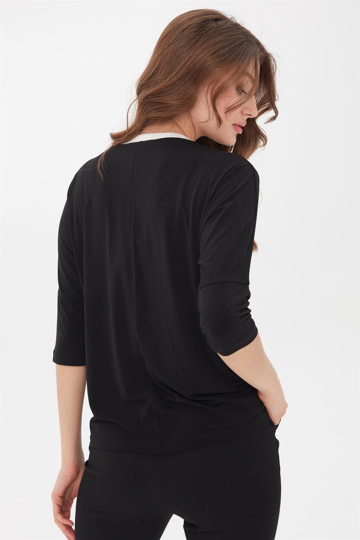 21721Kadın Önü Taş İşlemeli Truvakar Kol Bluz Siyah