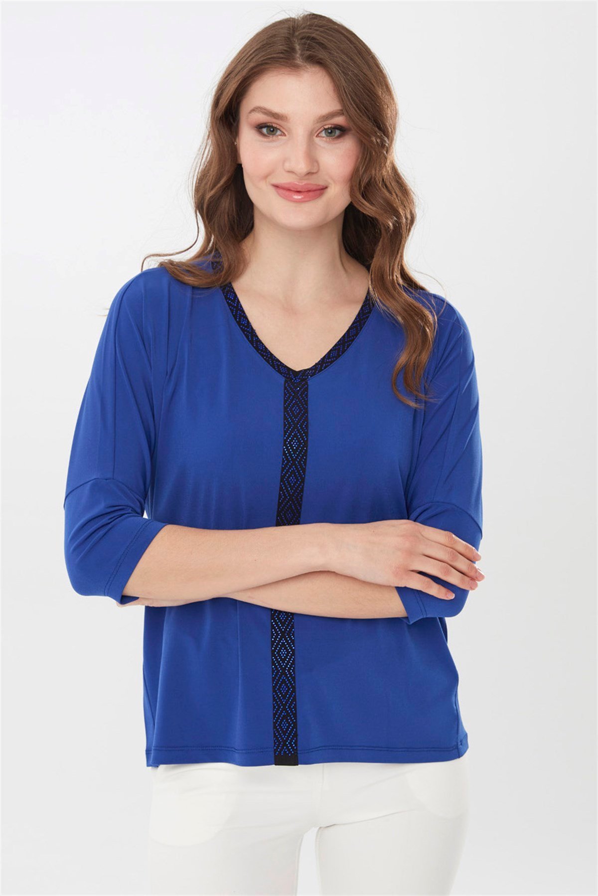 21721Kadın Önü Taş İşlemeli Truvakar Kol Bluz Saks Mavi