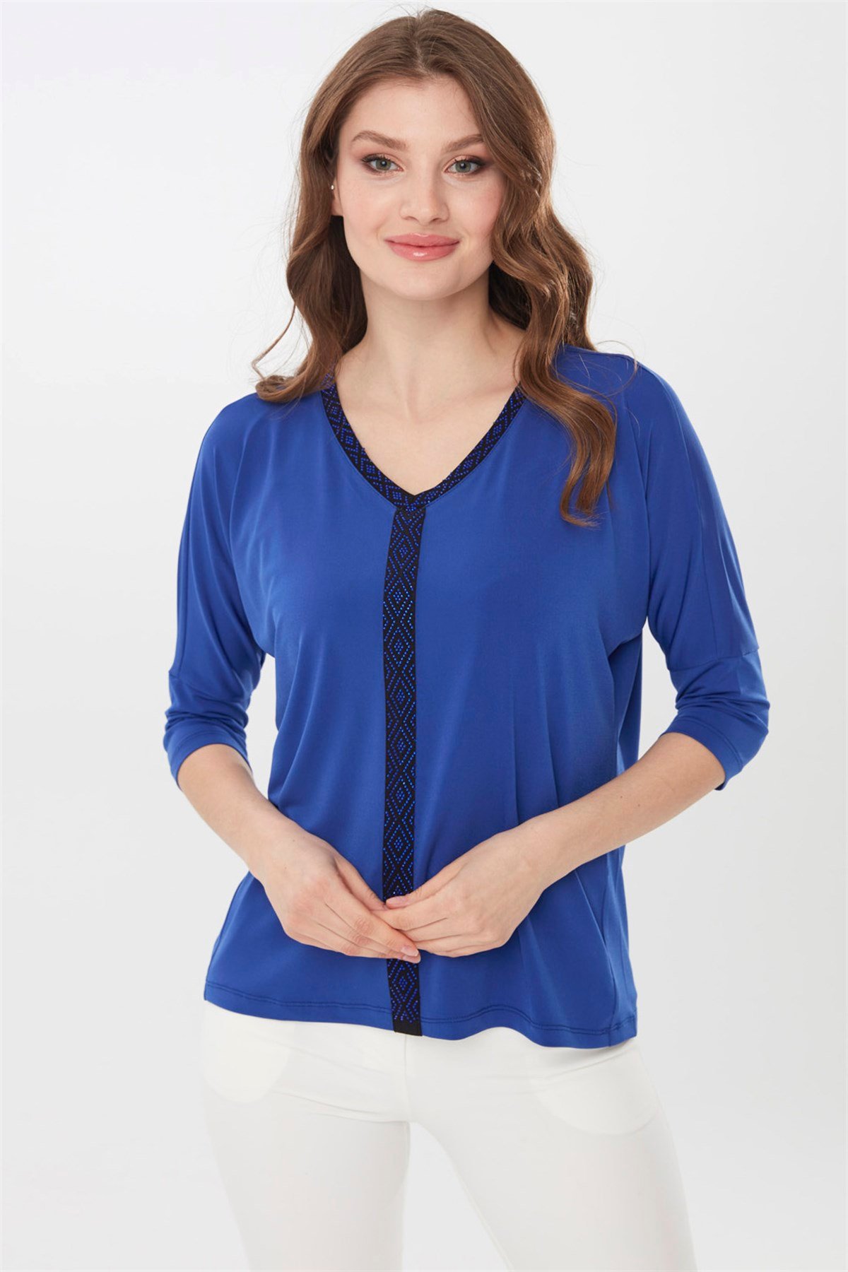 21721Kadın Önü Taş İşlemeli Truvakar Kol Bluz Saks Mavi