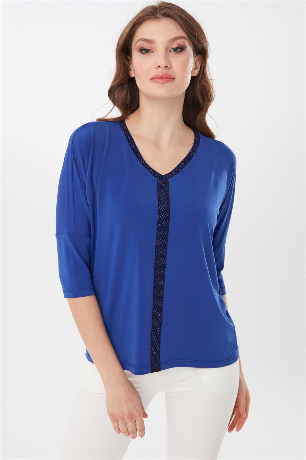 21721Kadın Önü Taş İşlemeli Truvakar Kol Bluz Saks Mavi