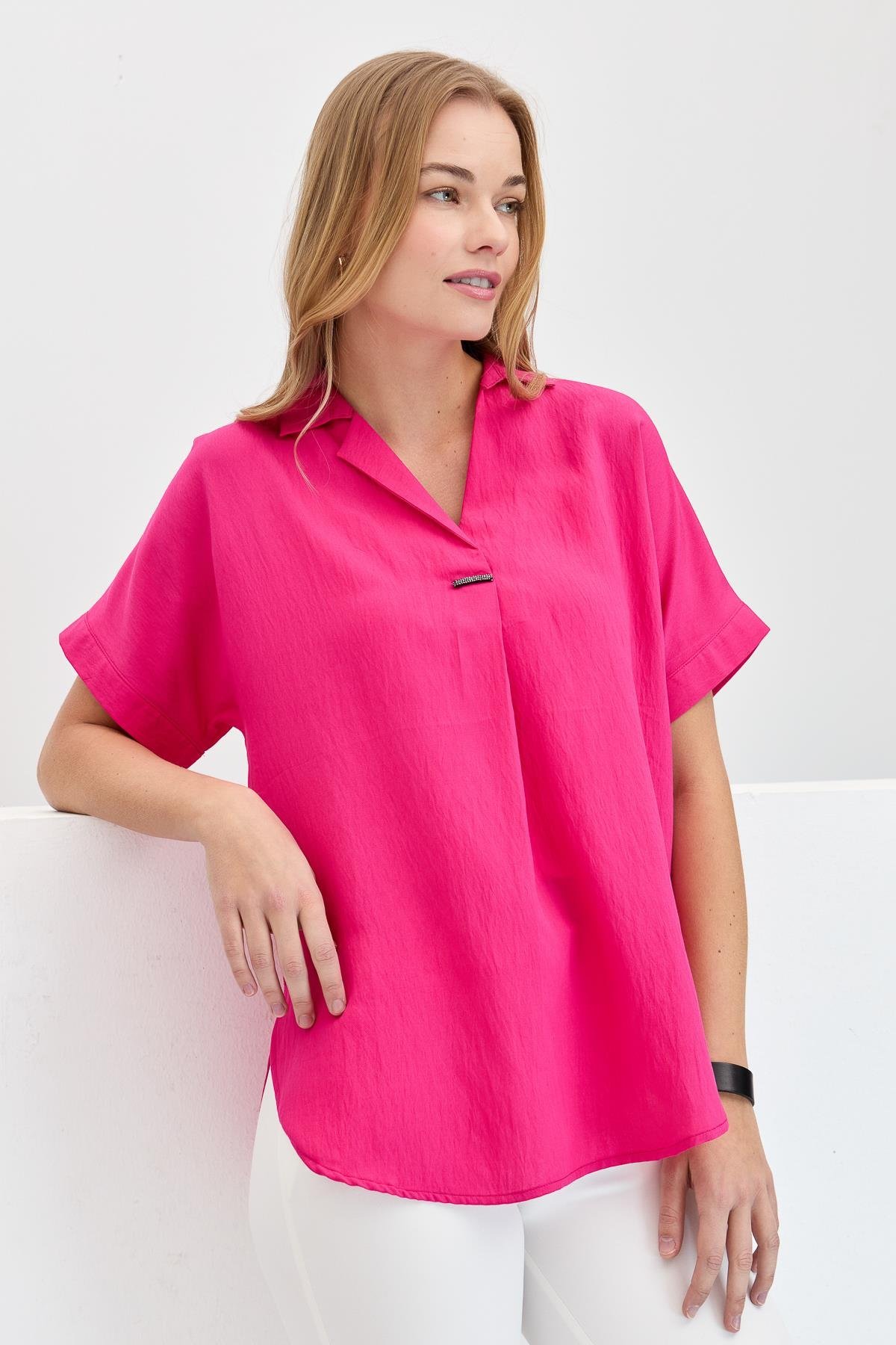 23459Kadın Önü Tokalı Bluz Pembe