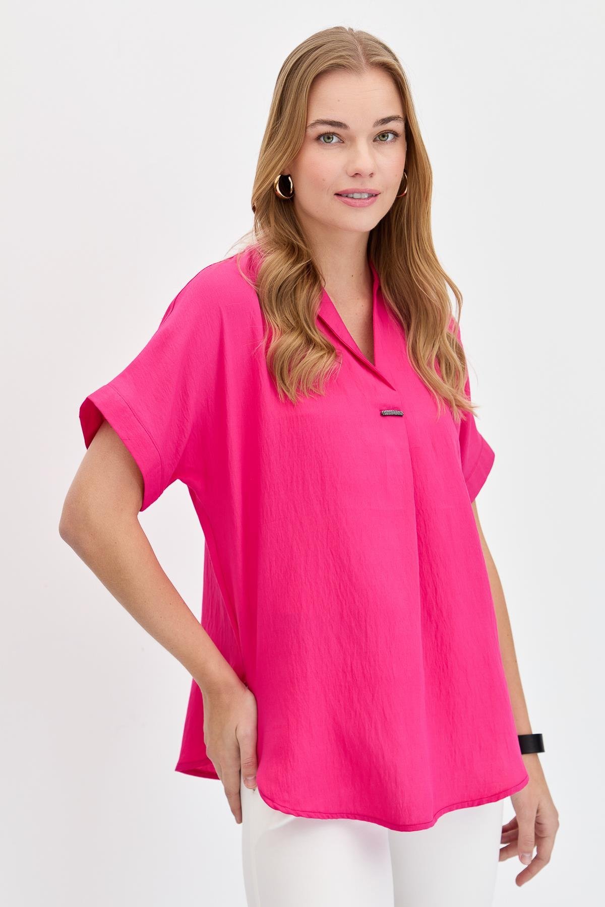 23459Kadın Önü Tokalı Bluz Pembe