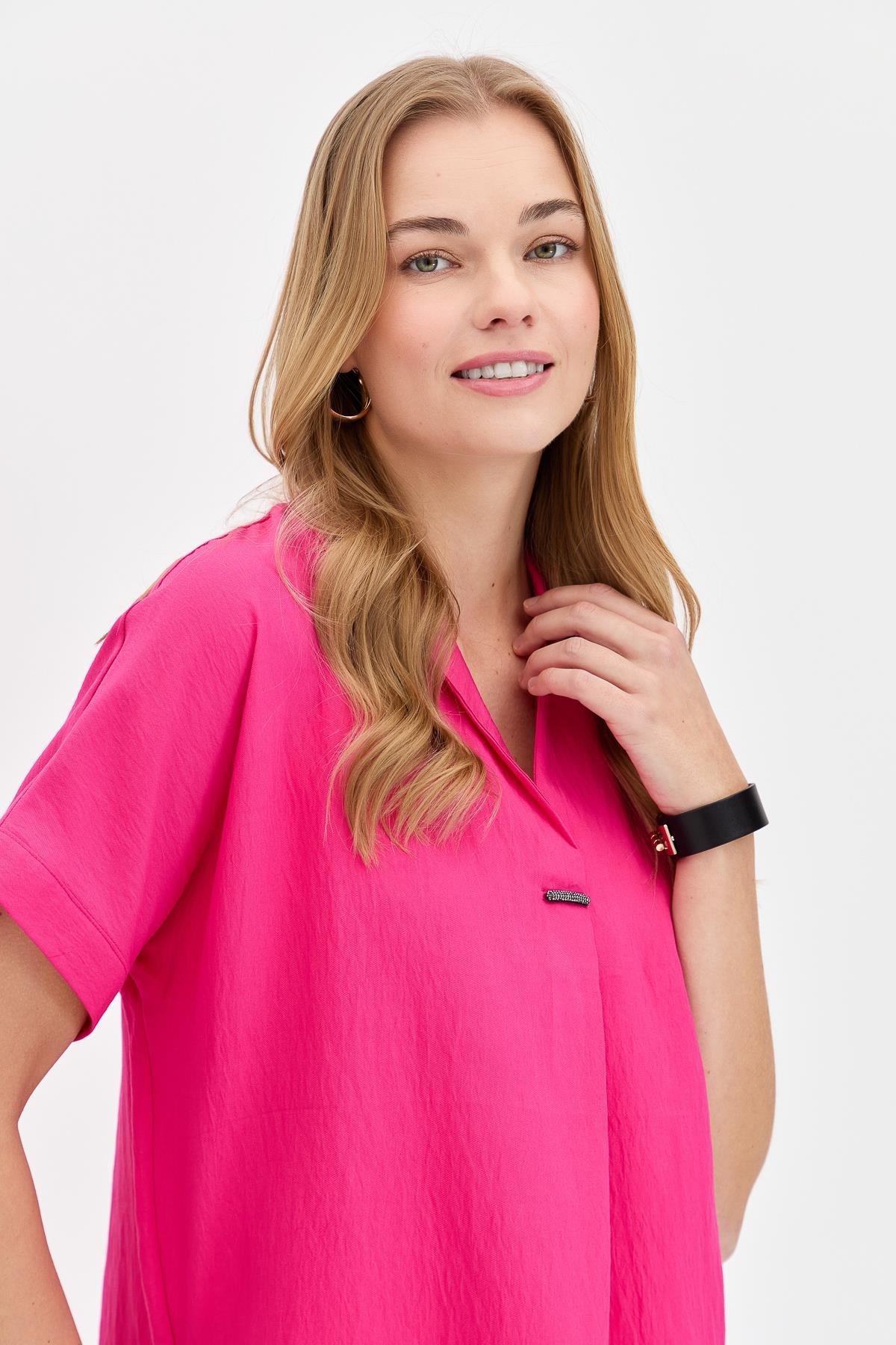 23459Kadın Önü Tokalı Bluz Pembe