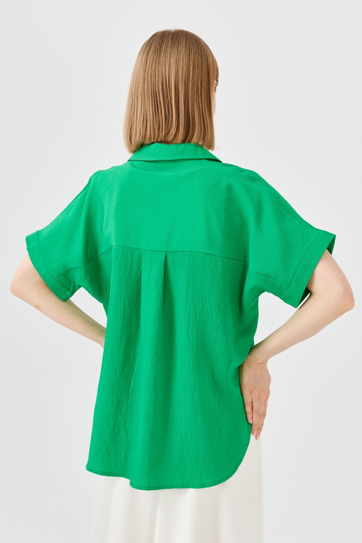 23459Kadın Gömlek Yaka Tokalı Penye T-shirt Yeşil