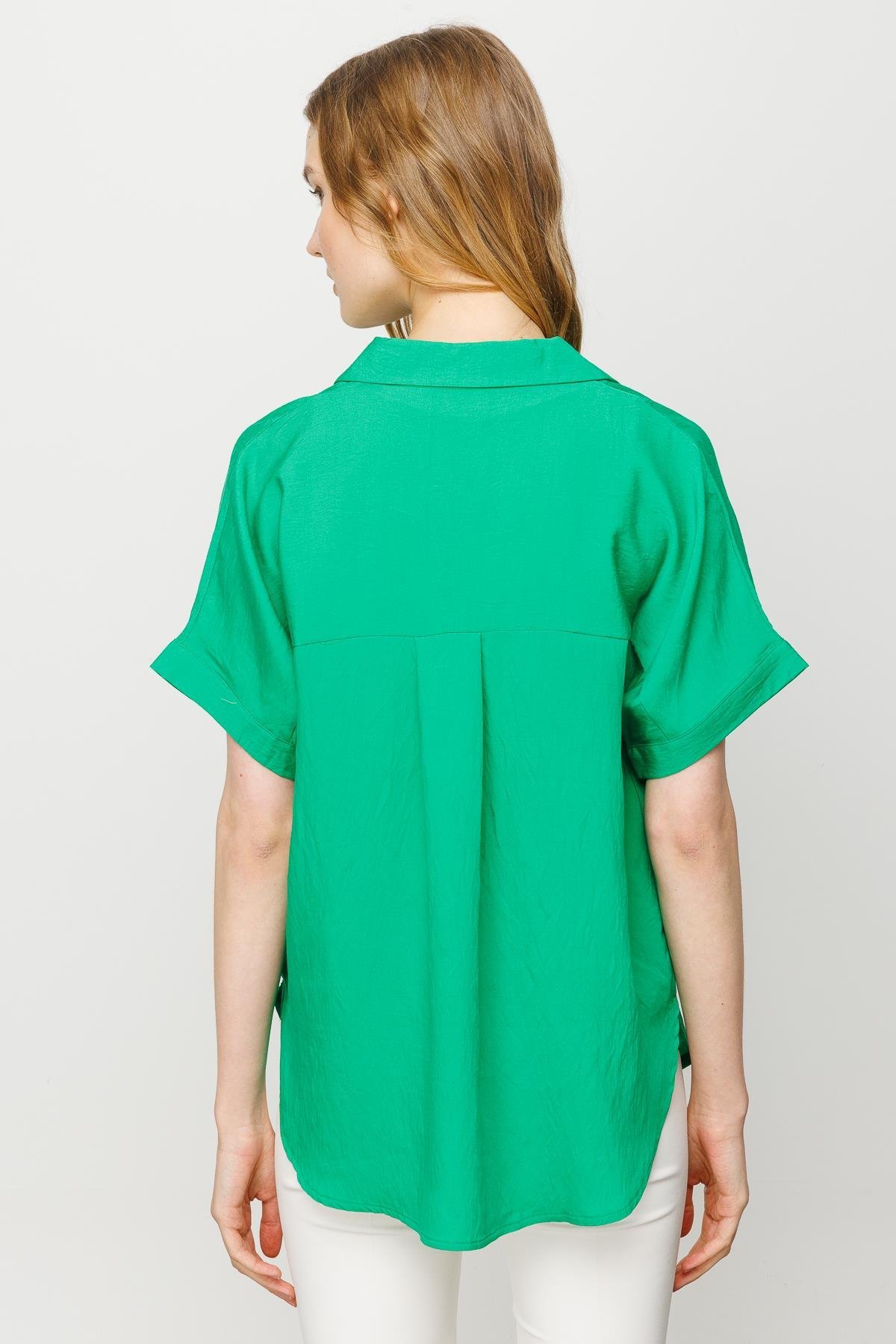 23459Kadın Gömlek Yaka Tokalı Penye T-shirt Yeşil